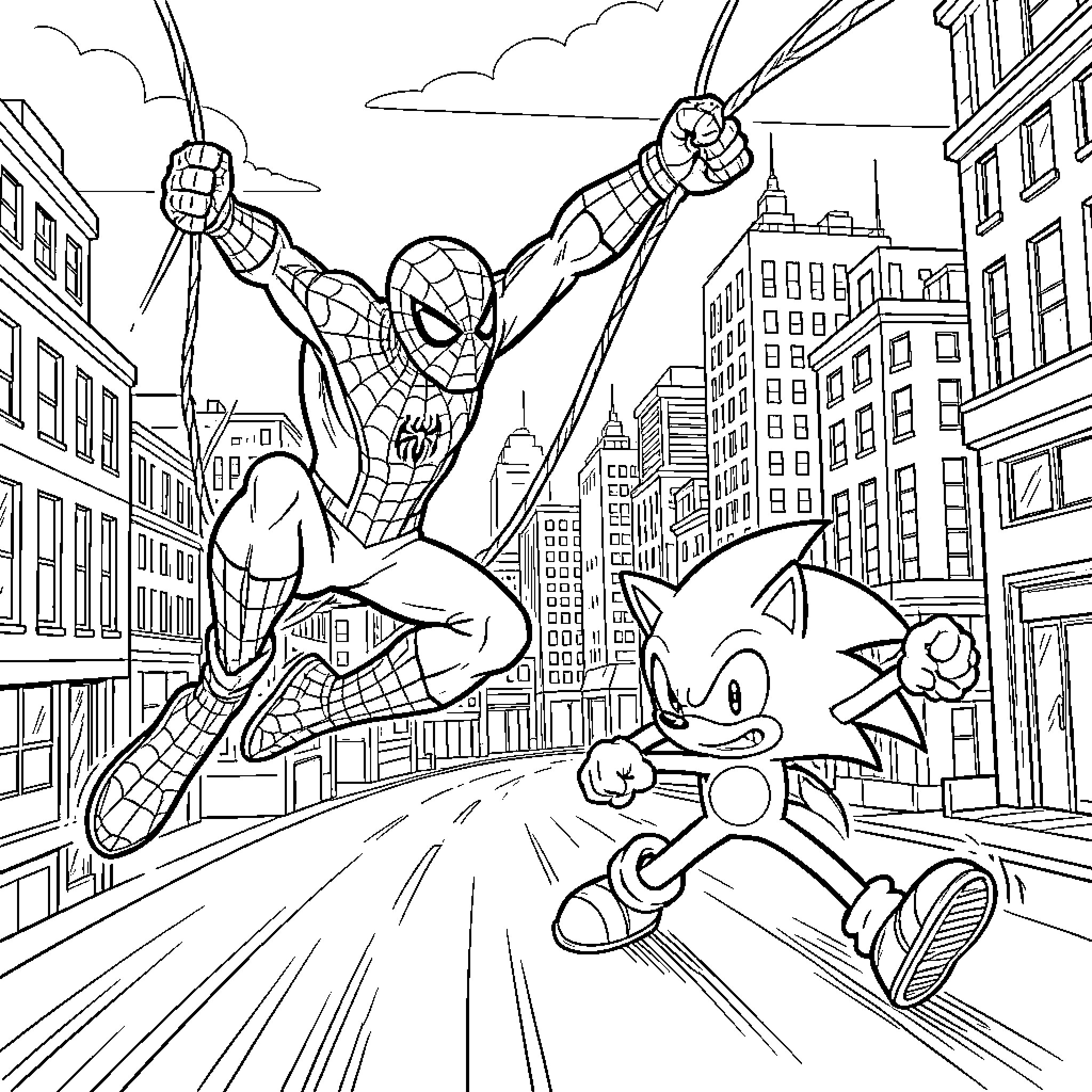 Spiderman and Sonic the Hedgehog in action-packed city scene Coloring Page (free black-and-white line drawing printable PDF for all, from beginners to advanced learners, including children, teens, adults, and seniors)