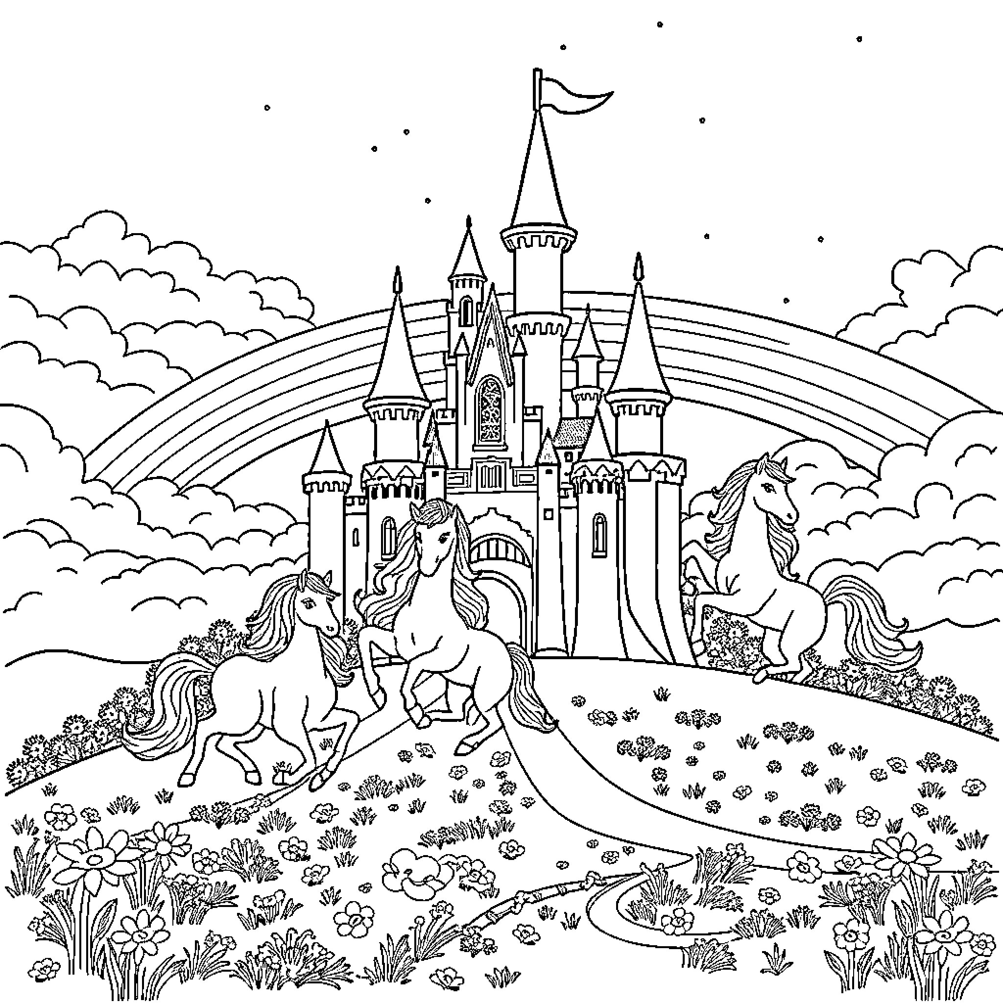 Unicorn parade in magical kingdom Coloring Page (free black-and-white line drawing printable PDF for all, from beginners to advanced learners, including children, teens, adults, and seniors)