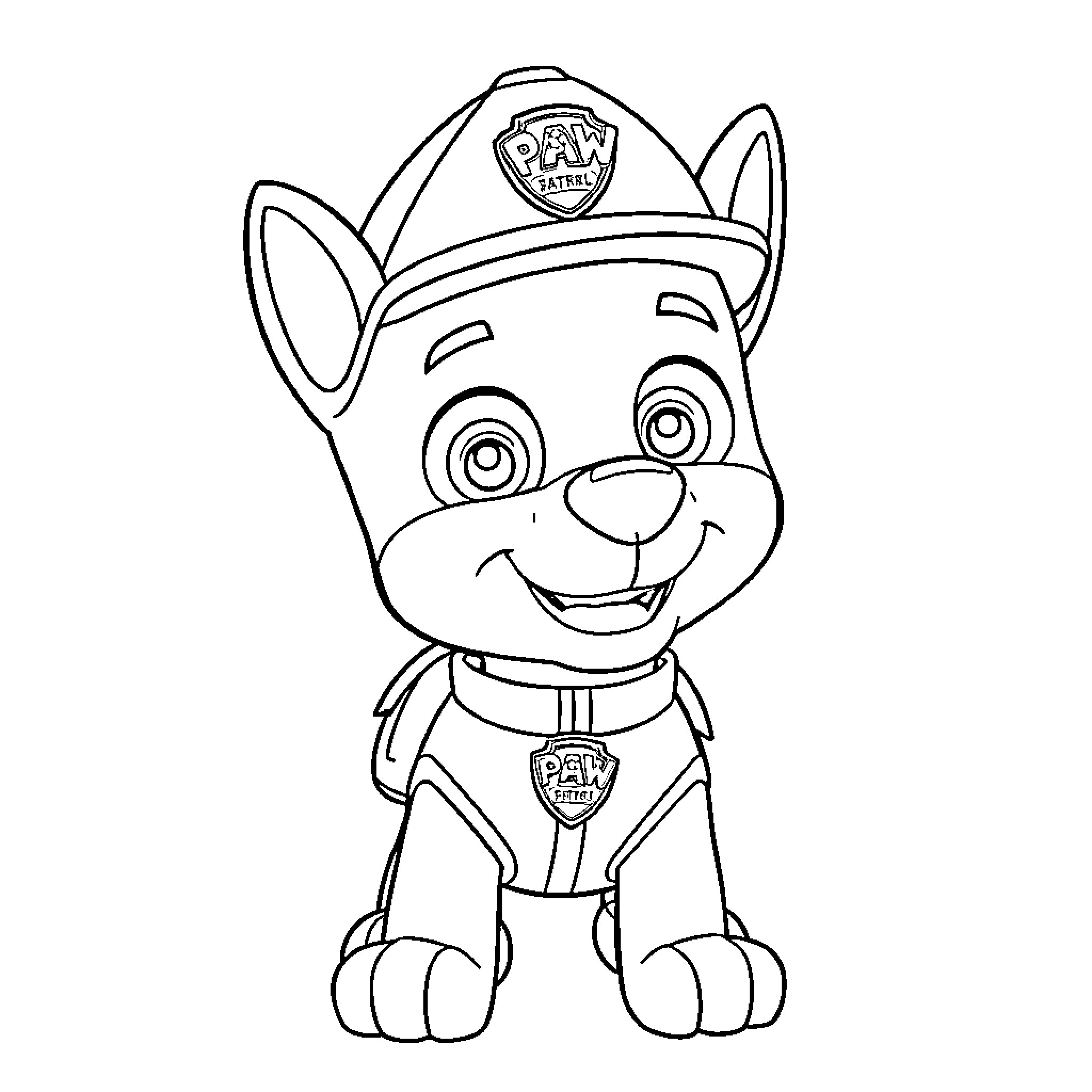 Ruben the Smiling Paw Patrol Puppy Coloring Page (free black-and-white line drawing printable PDF for all, from beginners to advanced learners, including children, teens, adults, and seniors)