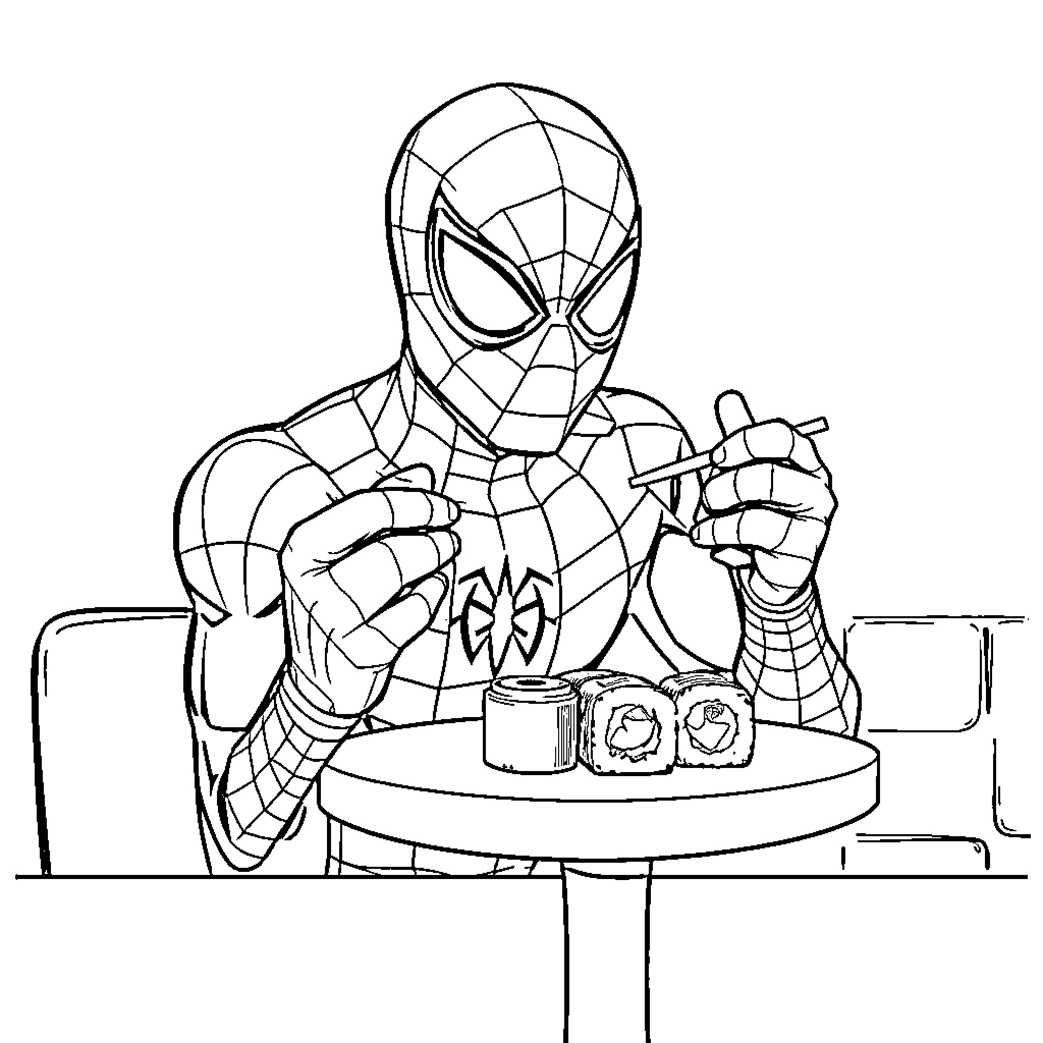 Spiderman sitting at a desk with items Coloring Page (free black-and-white line drawing printable PDF for all, from beginners to advanced learners, including children, teens, adults, and seniors)