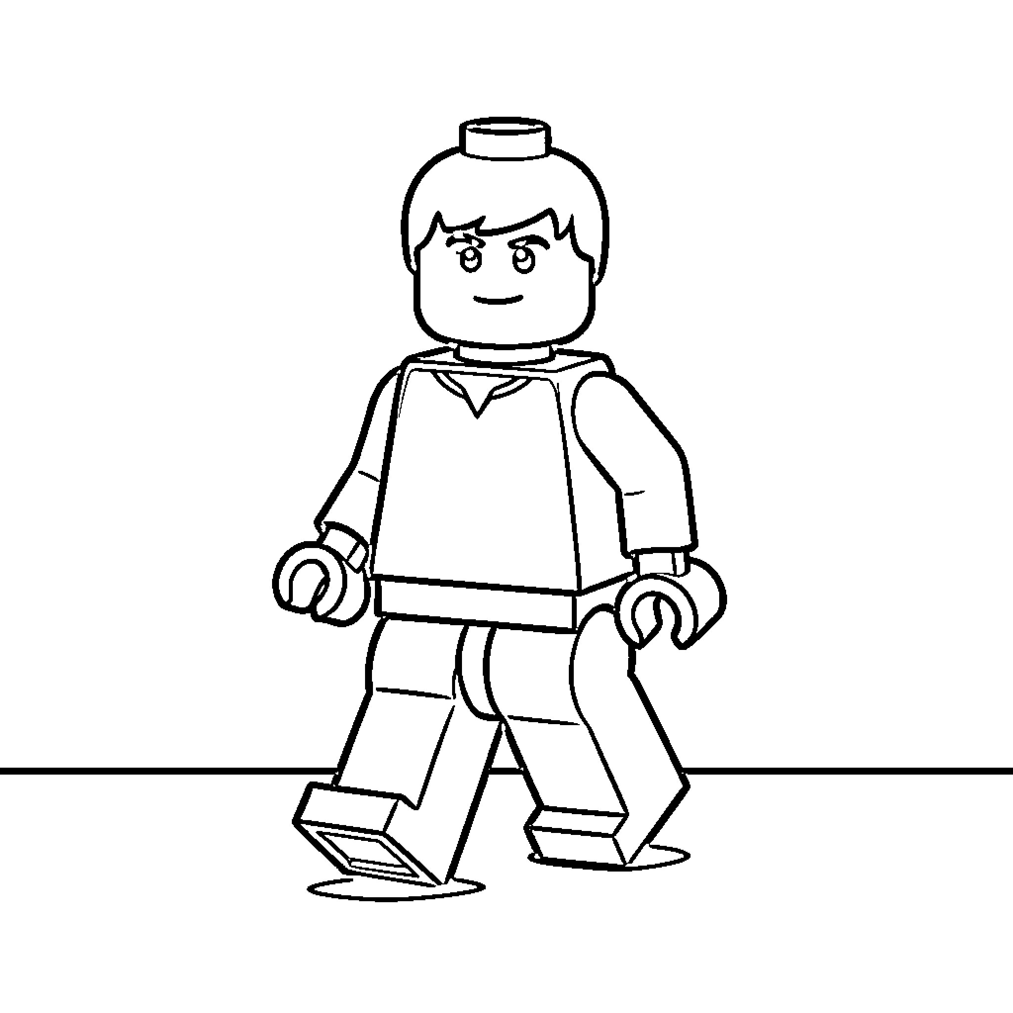 LEGO Character walking with a happy expression Coloring Page (free black-and-white line drawing printable PDF for all, from beginners to advanced learners, including children, teens, adults, and seniors)
