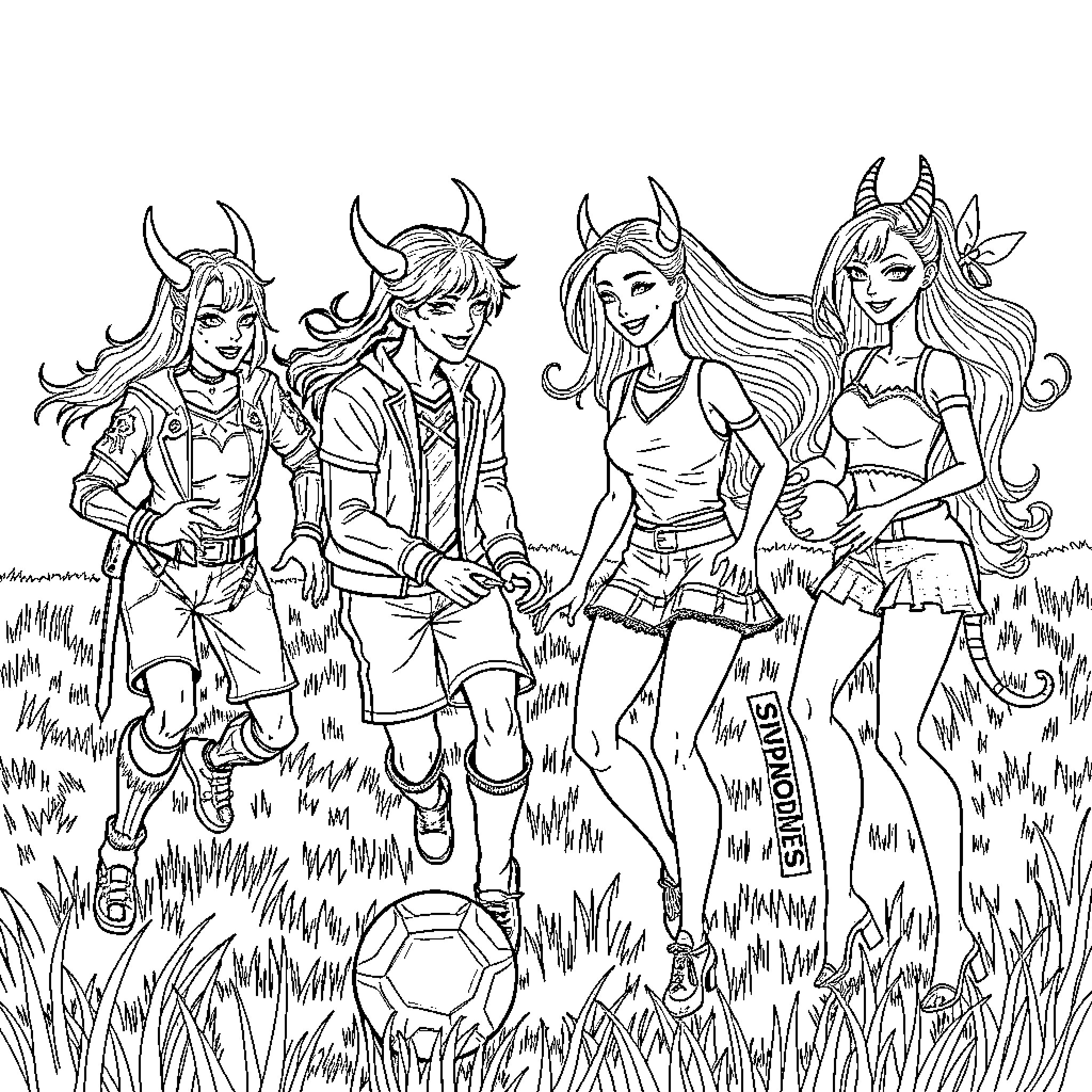 Demon Hunter Teens in Fantastical Attire Coloring Page (free black-and-white line drawing printable PDF for all, from beginners to advanced learners, including children, teens, adults, and seniors)