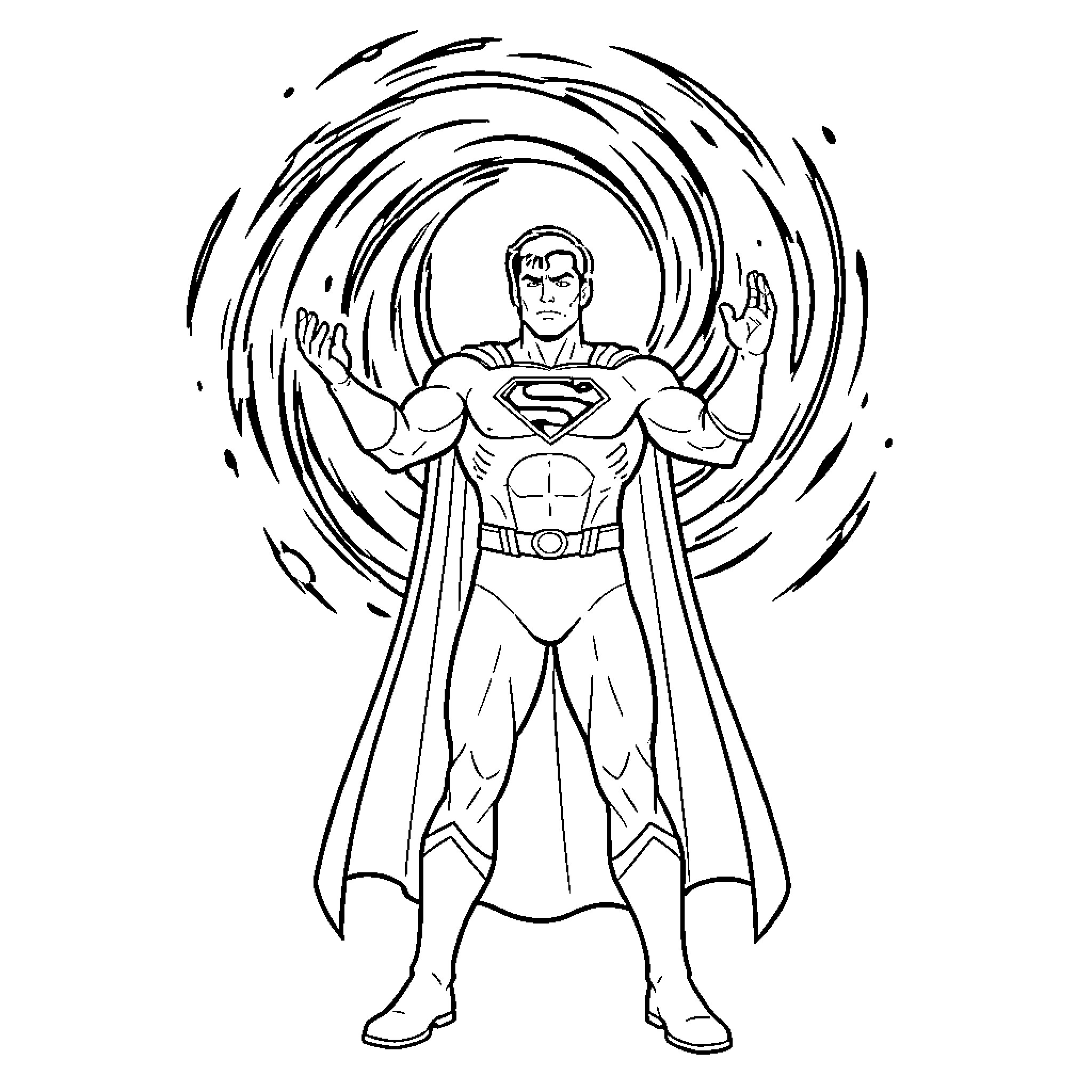 Superhero standing heroically amidst a swirling energy vortex Coloring Page (free black-and-white line drawing printable PDF for all, from beginners to advanced learners, including children, teens, adults, and seniors)
