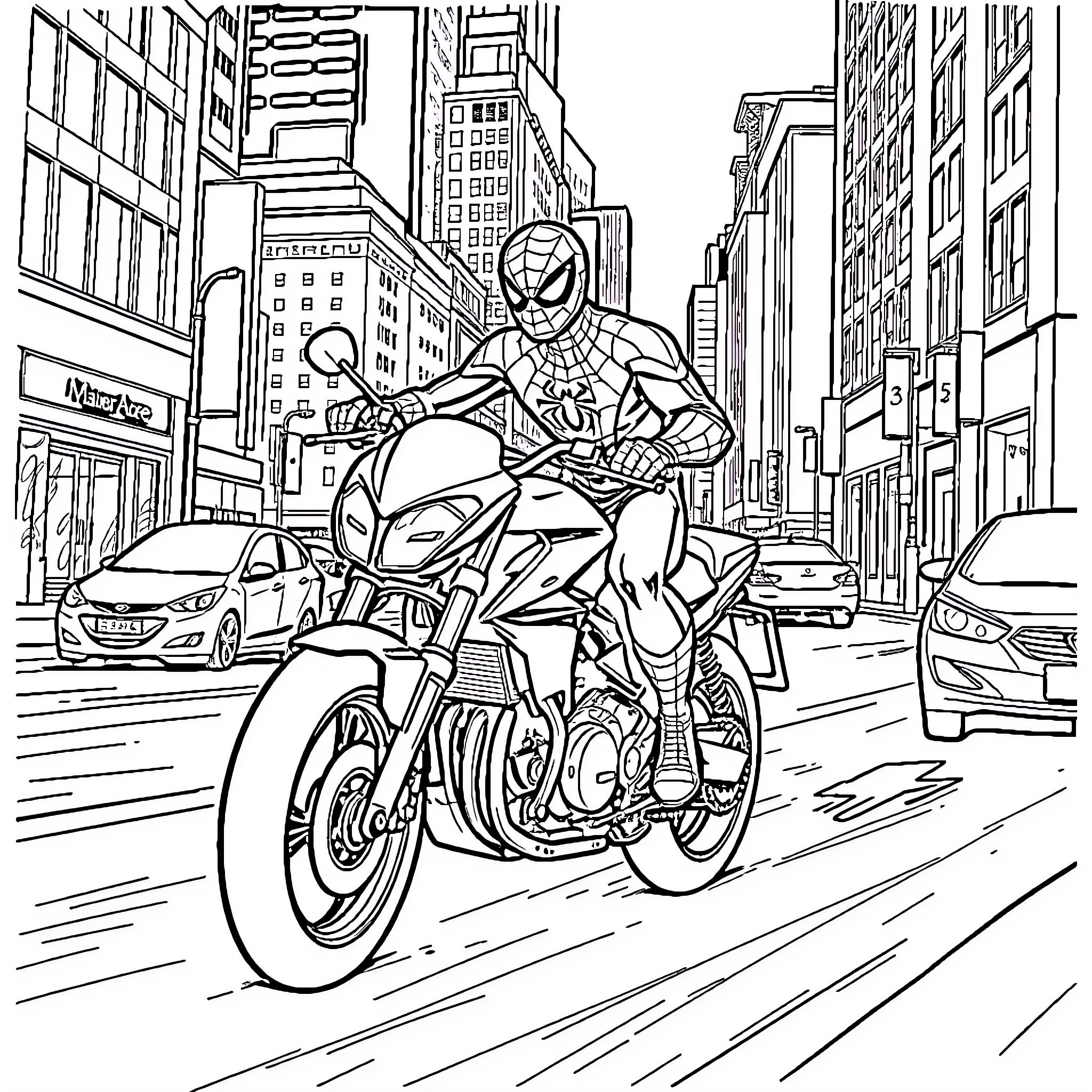 Spiderman riding a motorcycle through the city Coloring Page (free black-and-white line drawing printable PDF for all, from beginners to advanced learners, including children, teens, adults, and seniors)
