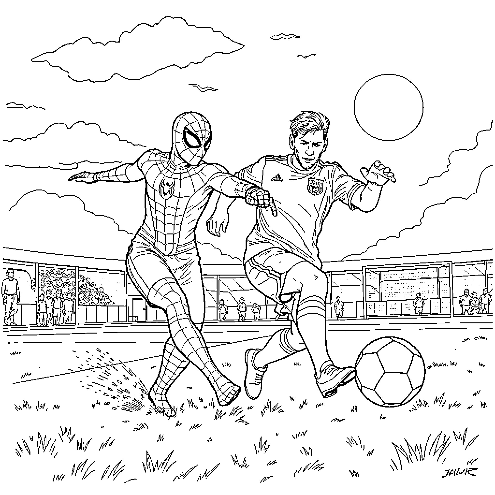 Spiderman and Soccer Player Competing on the Field Coloring Page (free black-and-white line drawing printable PDF for all, from beginners to advanced learners, including children, teens, adults, and seniors)
