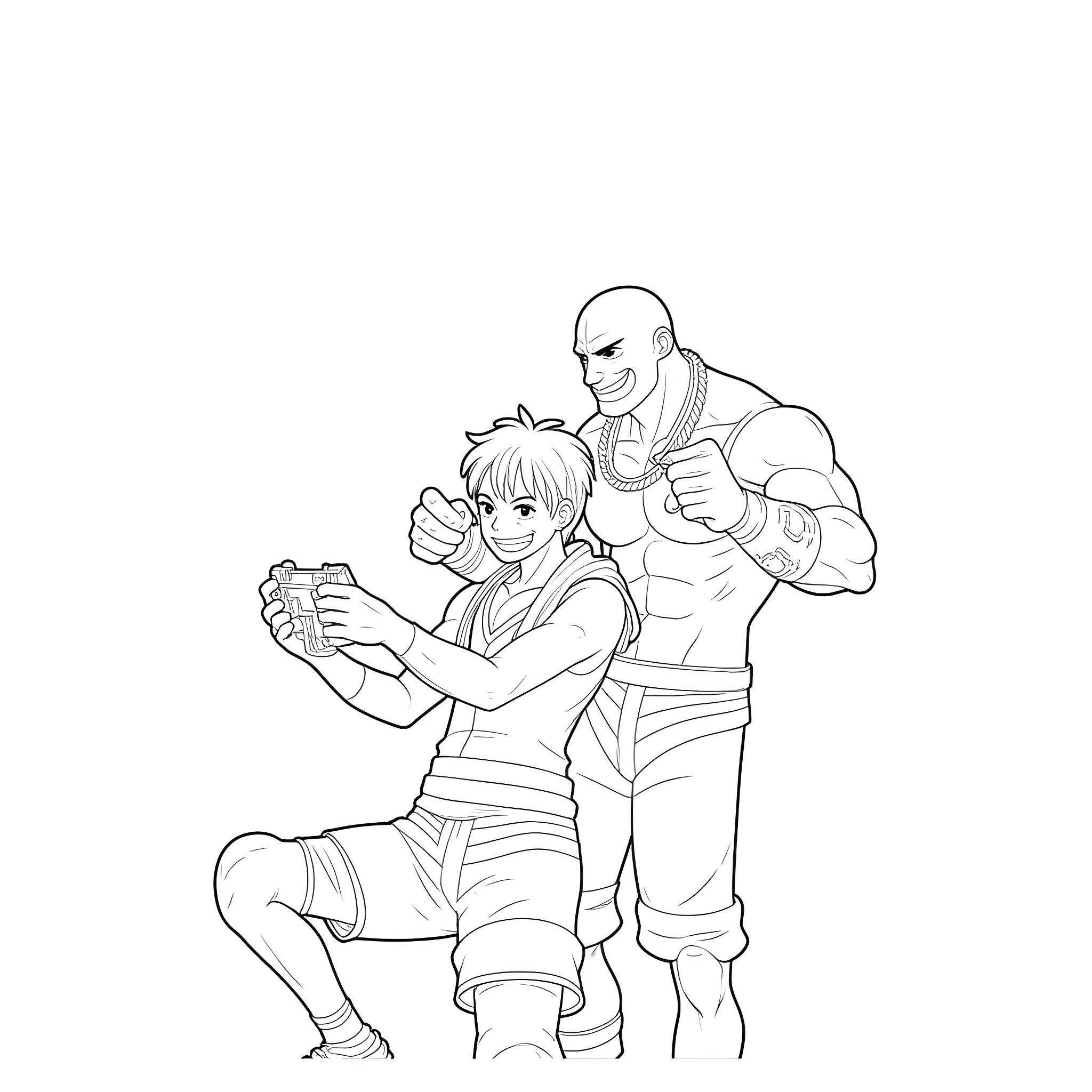 Kratos and companion engage in action-packed scene Coloring Page (free black-and-white line drawing printable PDF for all, from beginners to advanced learners, including children, teens, adults, and seniors)
