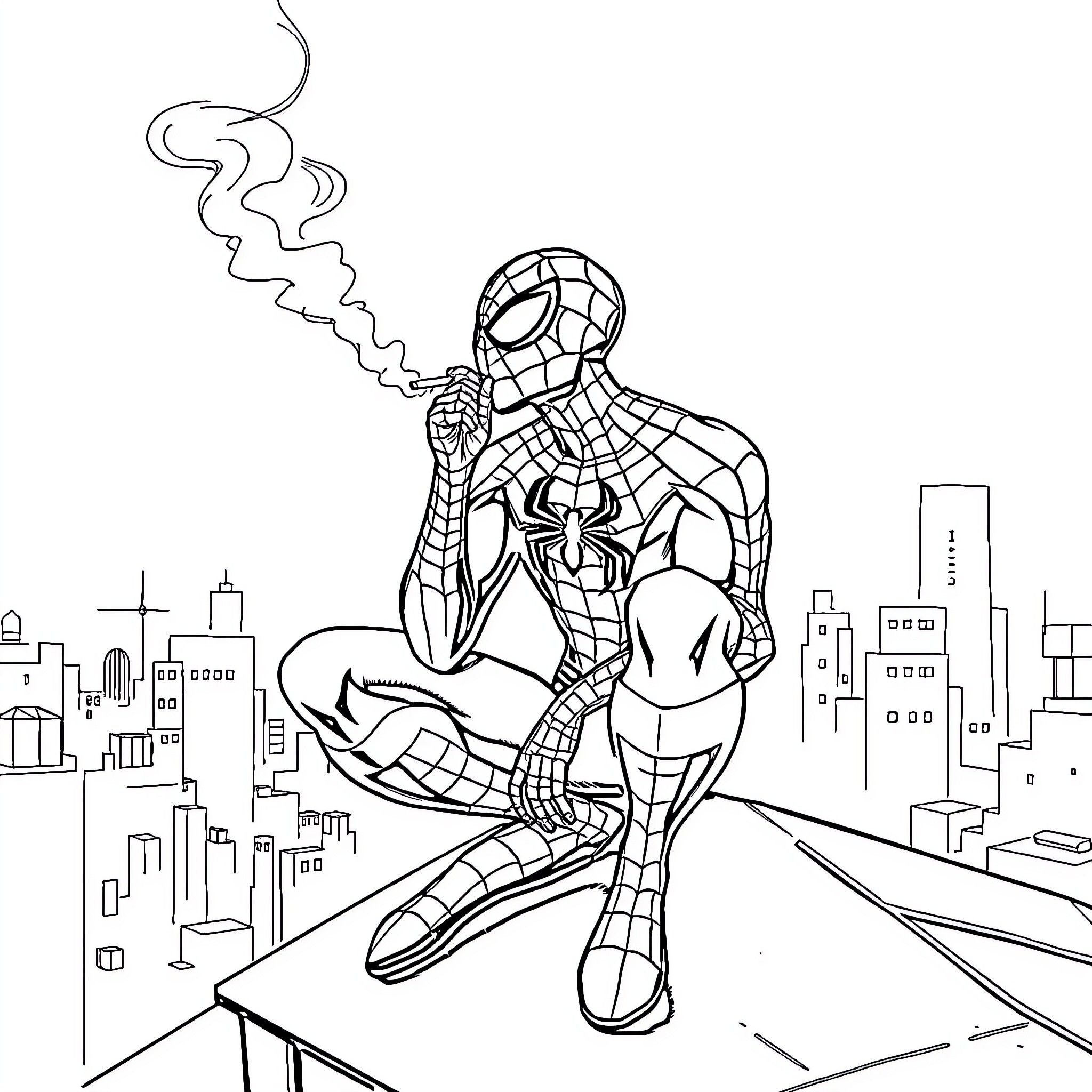 Spiderman swinging through the city skyline Coloring Page (free black-and-white line drawing printable PDF for all, from beginners to advanced learners, including children, teens, adults, and seniors)