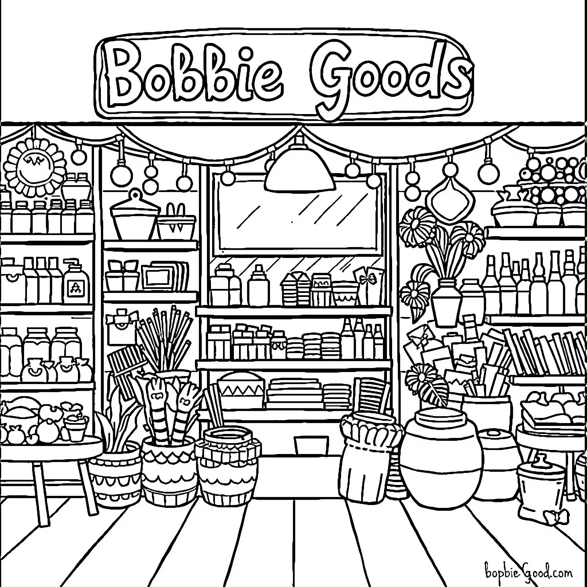 Bobbie Goods' Charming Variety Store Coloring Page (free black-and-white line drawing printable PDF for all, from beginners to advanced learners, including children, teens, adults, and seniors)