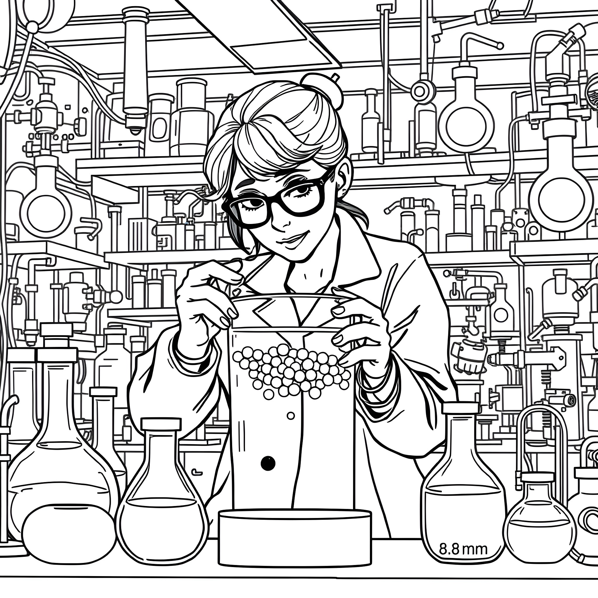 PhD Student Conducting Chemistry Experiment in Lab Coloring Page (free black-and-white line drawing printable PDF for all, from beginners to advanced learners, including children, teens, adults, and seniors)