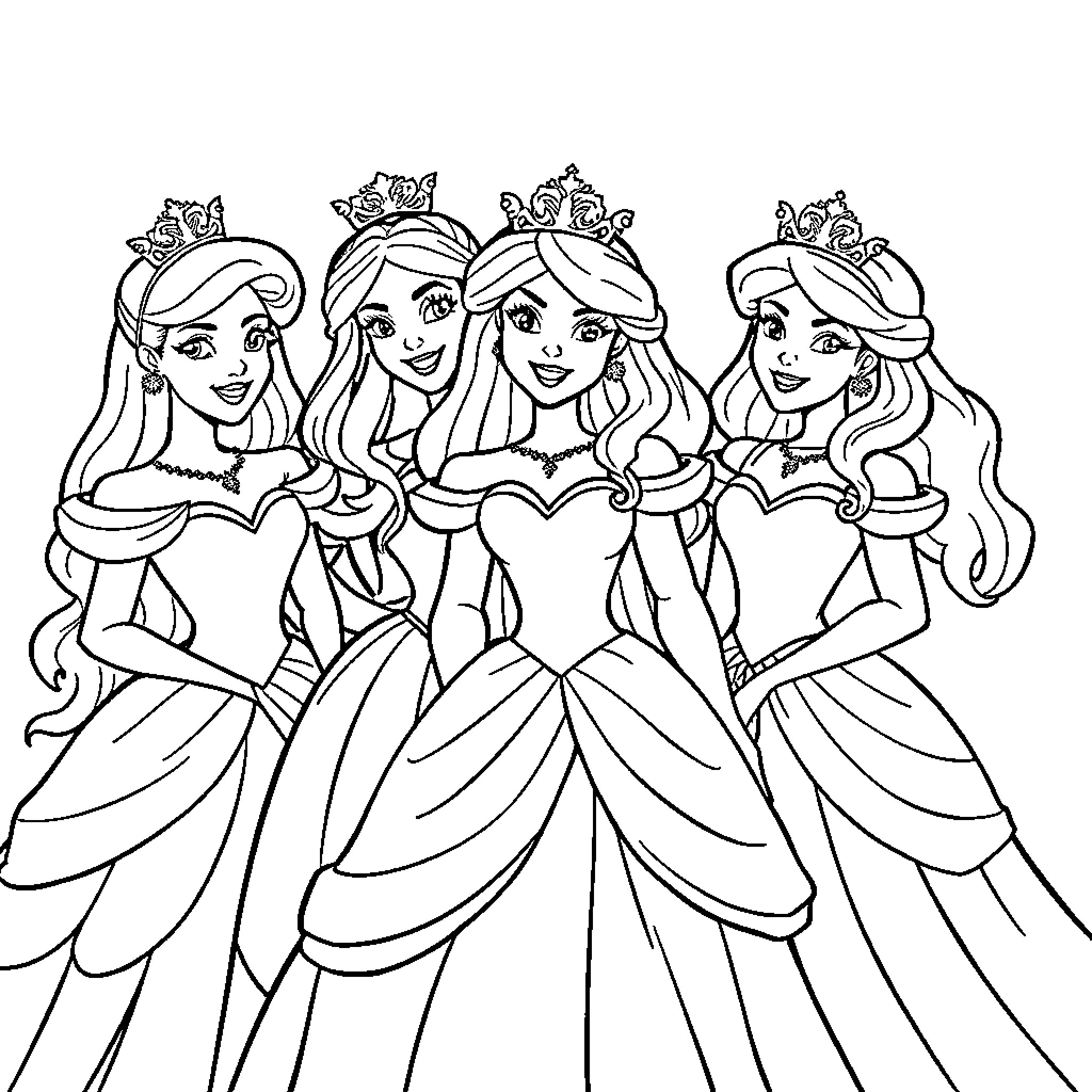 Princess sisters posing together in elegant dresses Coloring Page (free black-and-white line drawing printable PDF for all, from beginners to advanced learners, including children, teens, adults, and seniors)