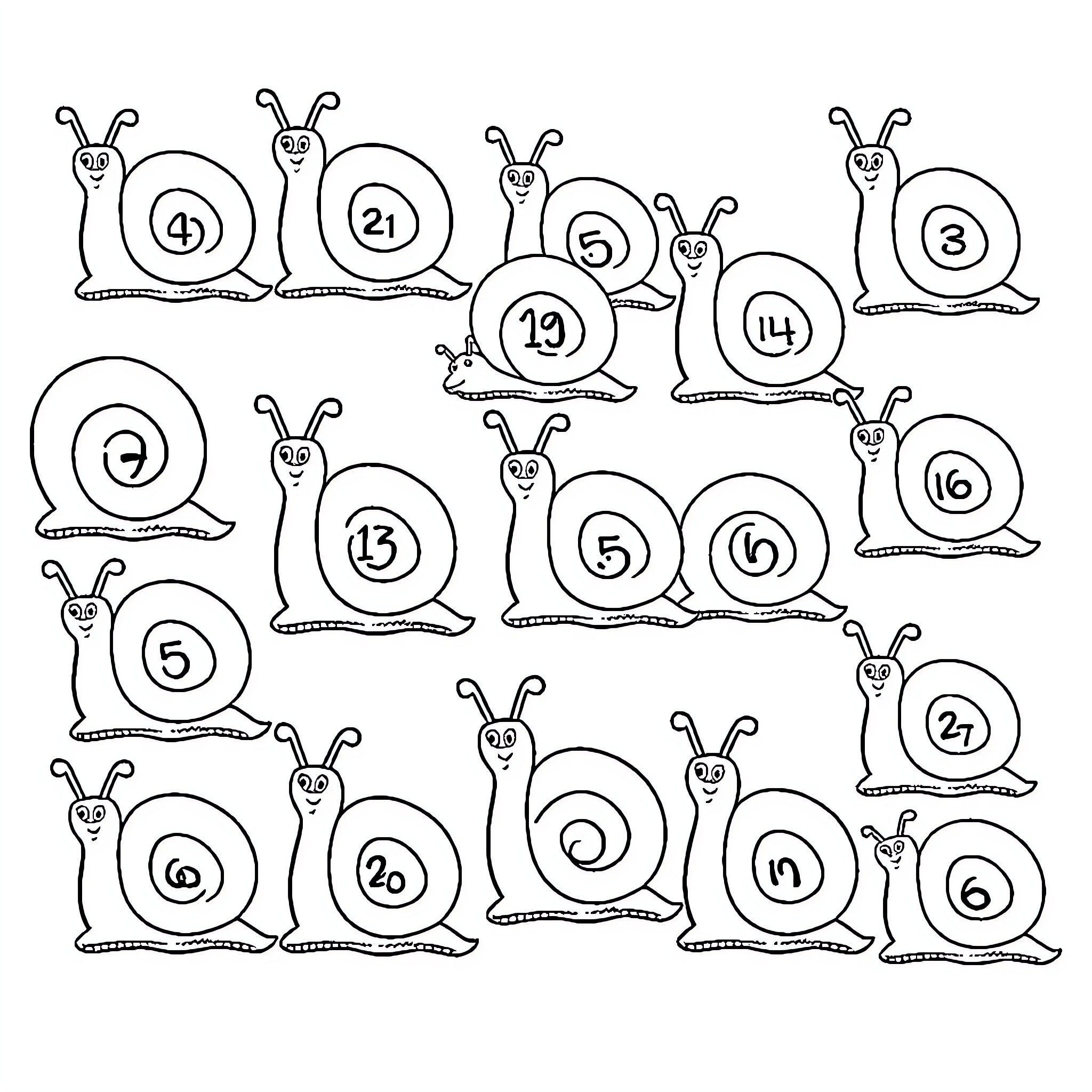 Snail race with numbered shells Coloring Page (free black-and-white line drawing printable PDF for all, from beginners to advanced learners, including children, teens, adults, and seniors)