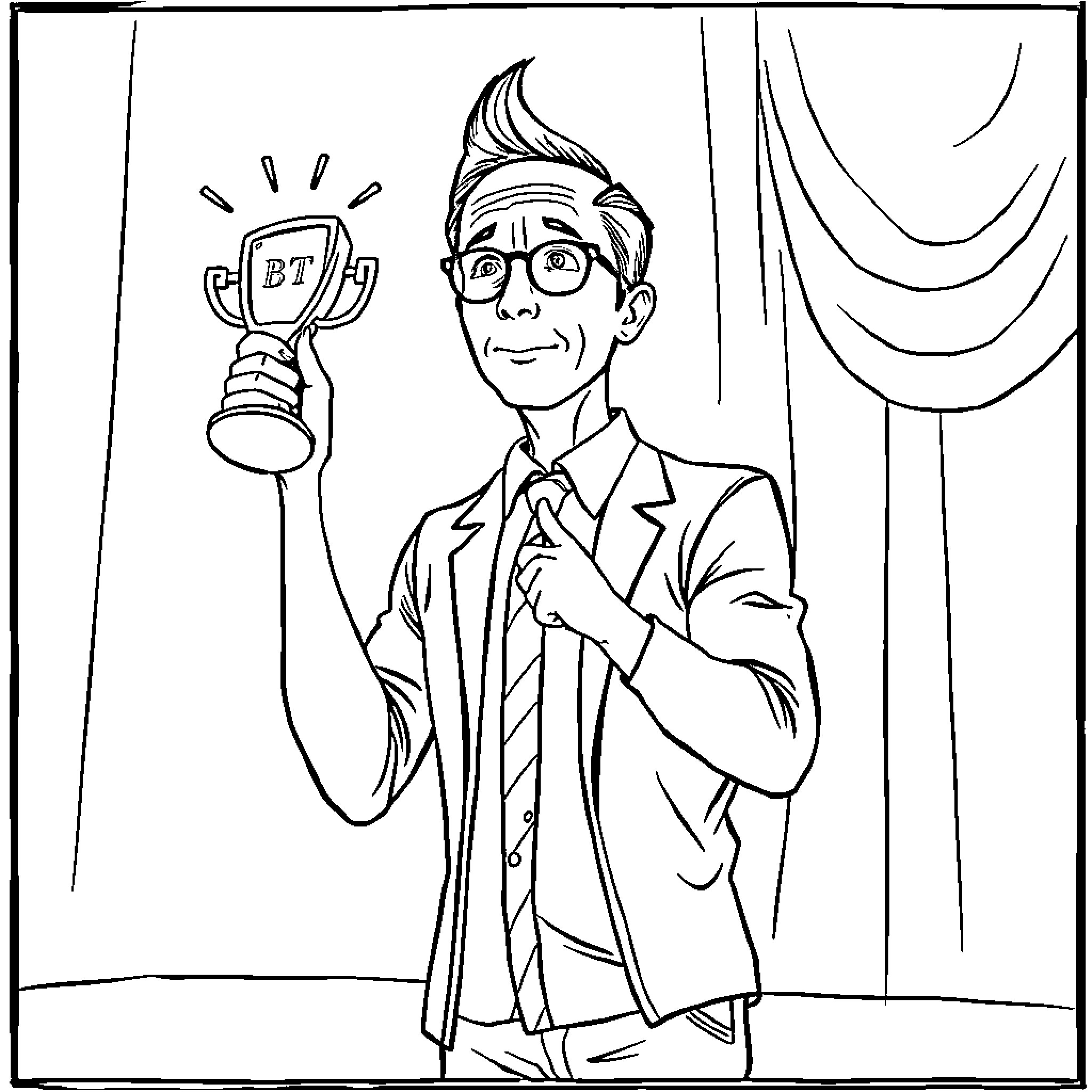 Sheldon's Big Win - Celebrating His Trophy Coloring Page (free black-and-white line drawing printable PDF for all, from beginners to advanced learners, including children, teens, adults, and seniors)