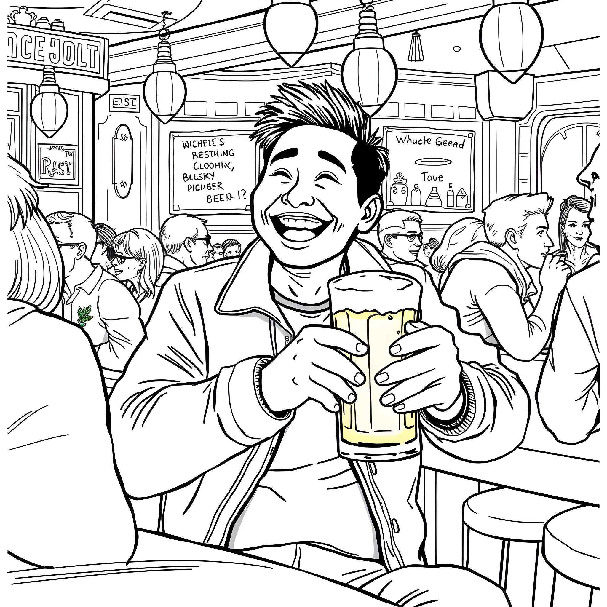 Asian Guy Enjoying a Drink with Friends in a Lively Bar Coloring Page (free black-and-white line drawing printable PDF for all, from beginners to advanced learners, including children, teens, adults, and seniors)