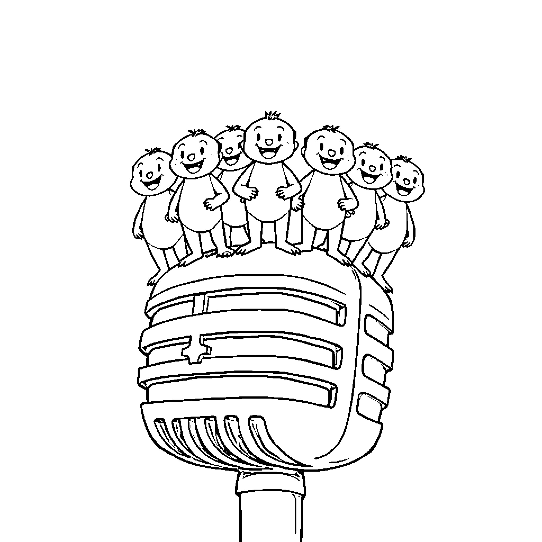 Tiny Tan figures performing on a microphone stage Coloring Page (free black-and-white line drawing printable PDF for all, from beginners to advanced learners, including children, teens, adults, and seniors)