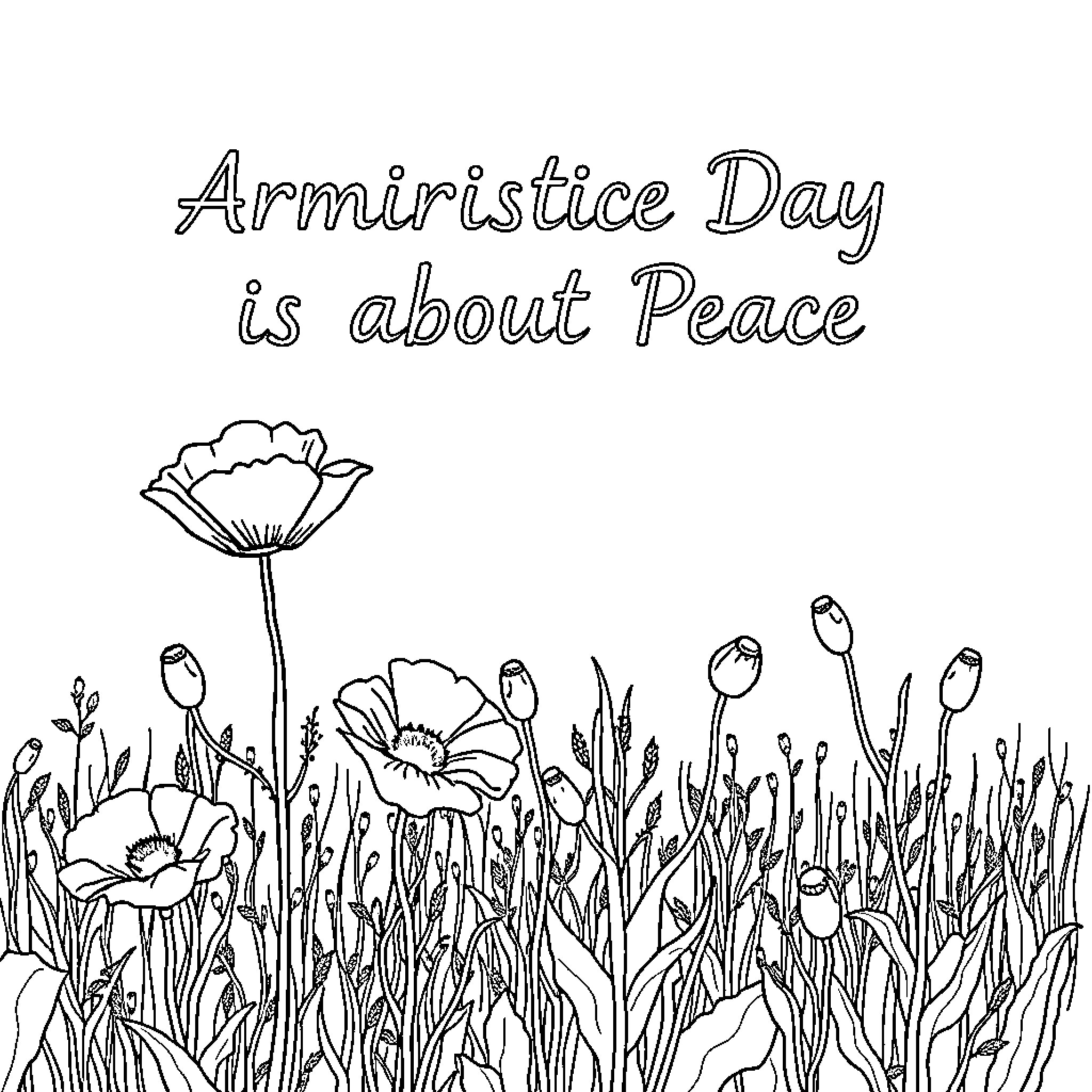 Poppy flowers in a peaceful meadow Coloring Page (free black-and-white line drawing printable PDF for all, from beginners to advanced learners, including children, teens, adults, and seniors)