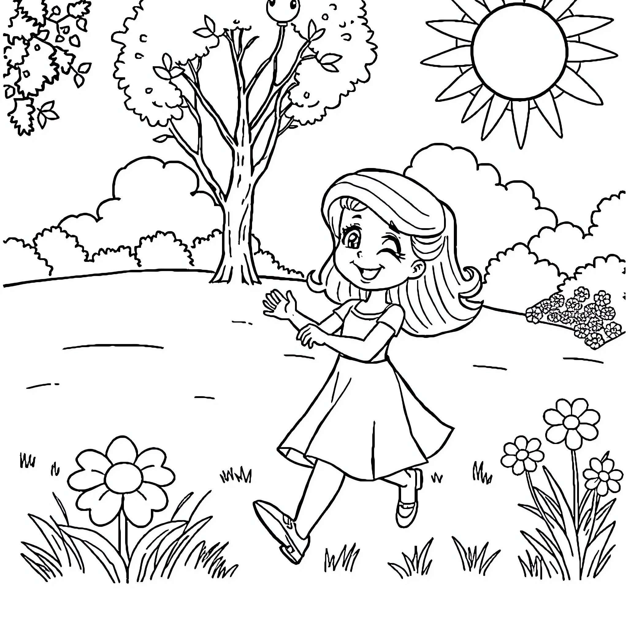 Barbie enjoying a sunny day in the park Coloring Page (free black-and-white line drawing printable PDF for all, from beginners to advanced learners, including children, teens, adults, and seniors)