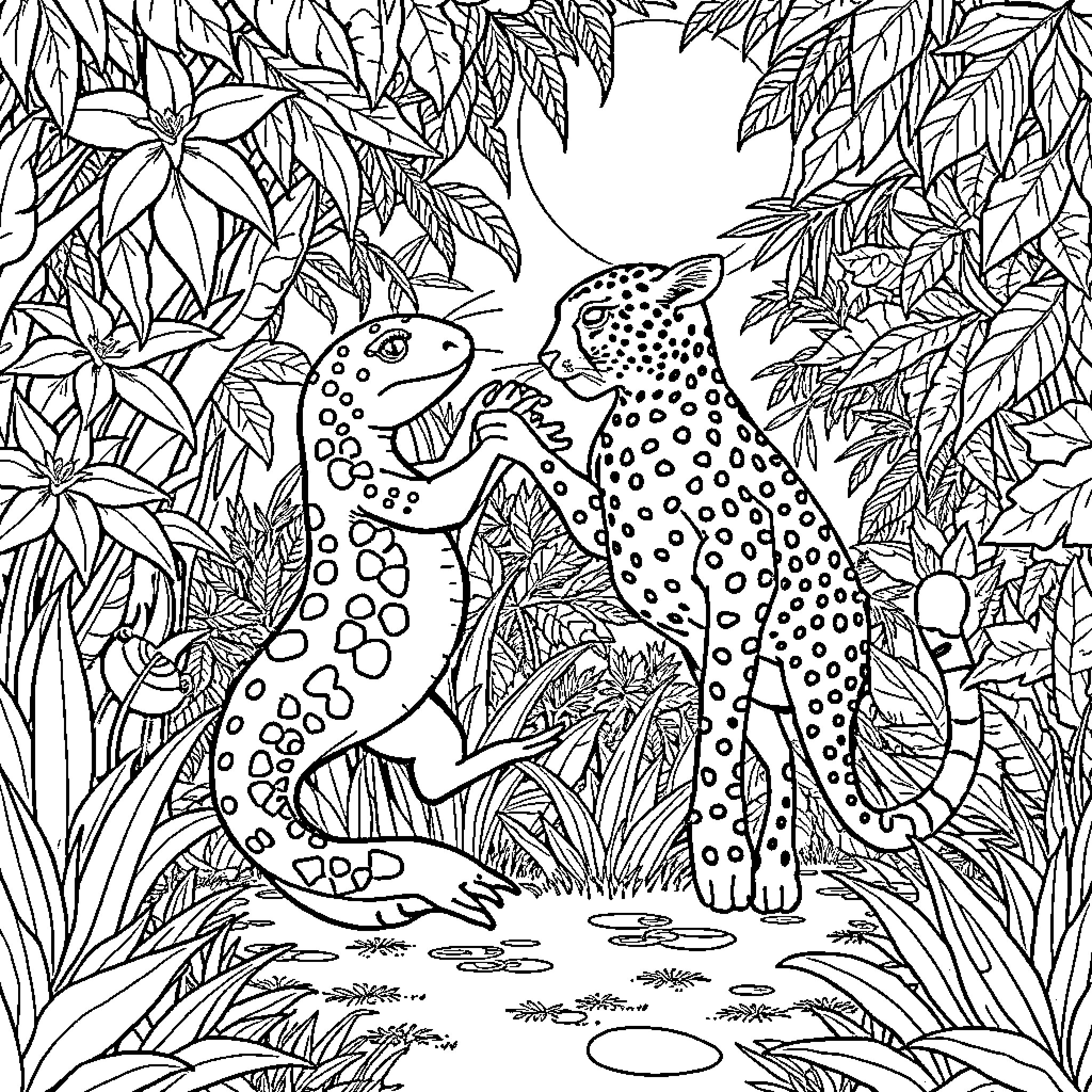 Axolotl exploring the lush jungle landscape Coloring Page (free black-and-white line drawing printable PDF for all, from beginners to advanced learners, including children, teens, adults, and seniors)