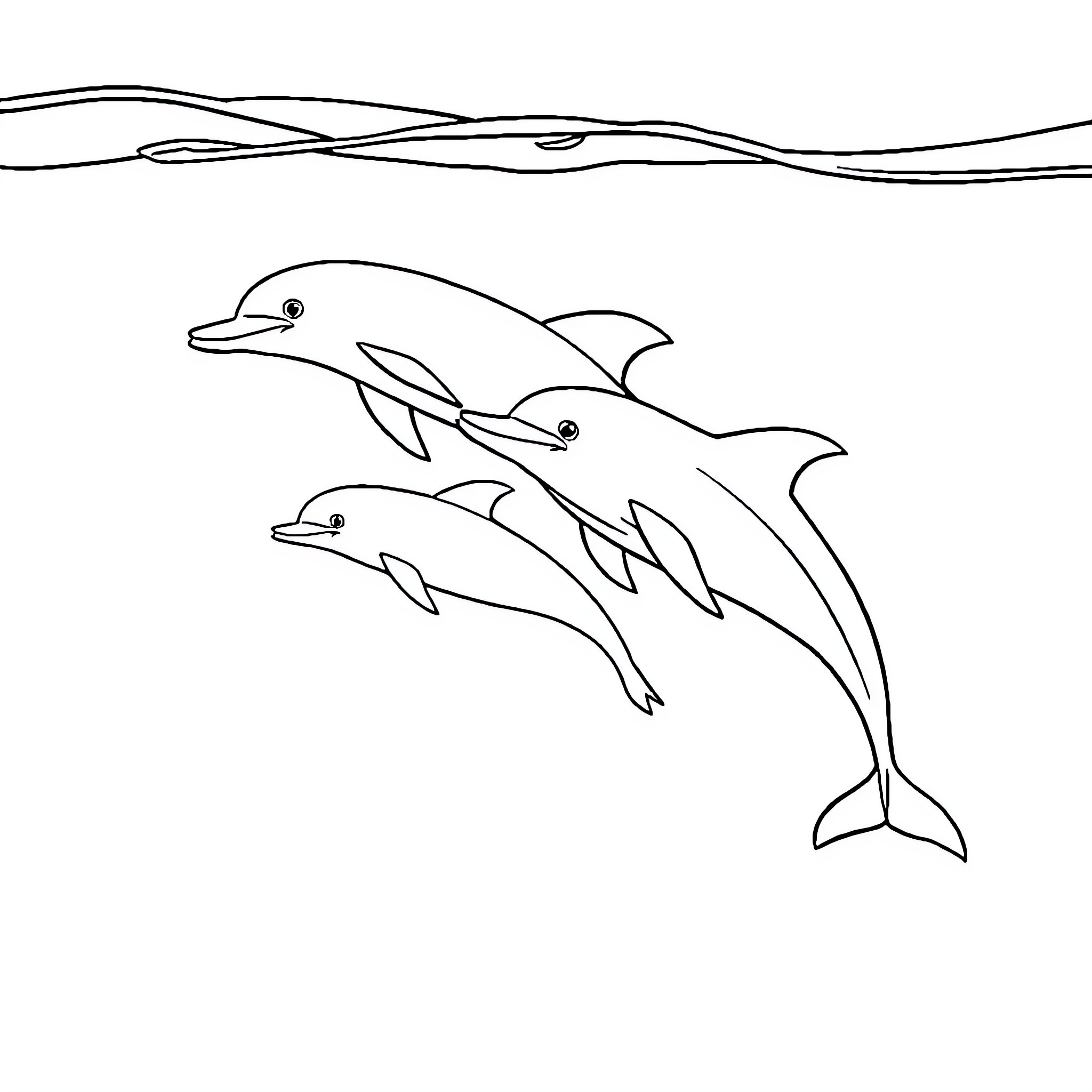 Dolphin family jumping in the waves Coloring Page (free black-and-white line drawing printable PDF for all, from beginners to advanced learners, including children, teens, adults, and seniors)