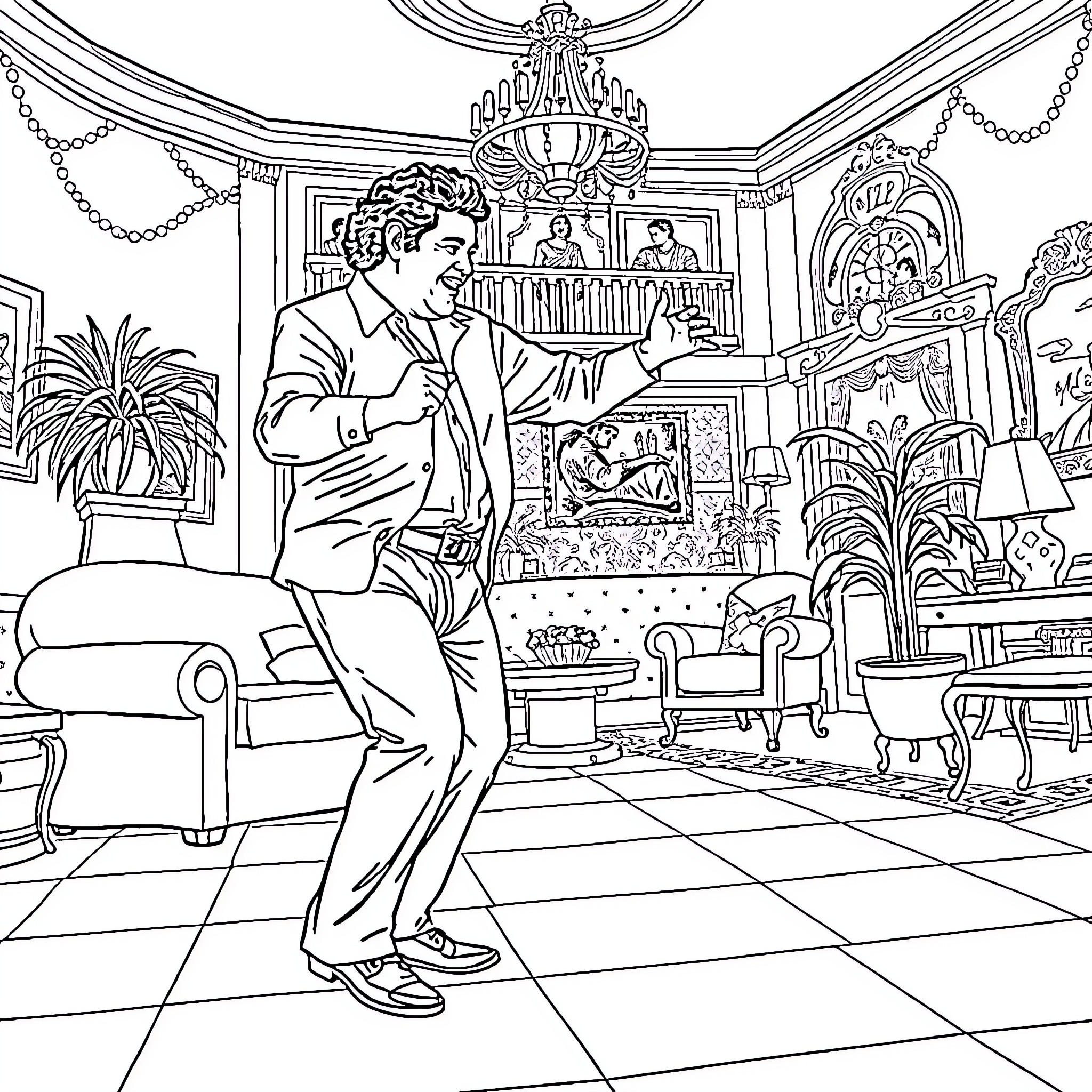 Pablo Escobar enjoying a moment of leisure in his lavish mansion Coloring Page (free black-and-white line drawing printable PDF for all, from beginners to advanced learners, including children, teens, adults, and seniors)