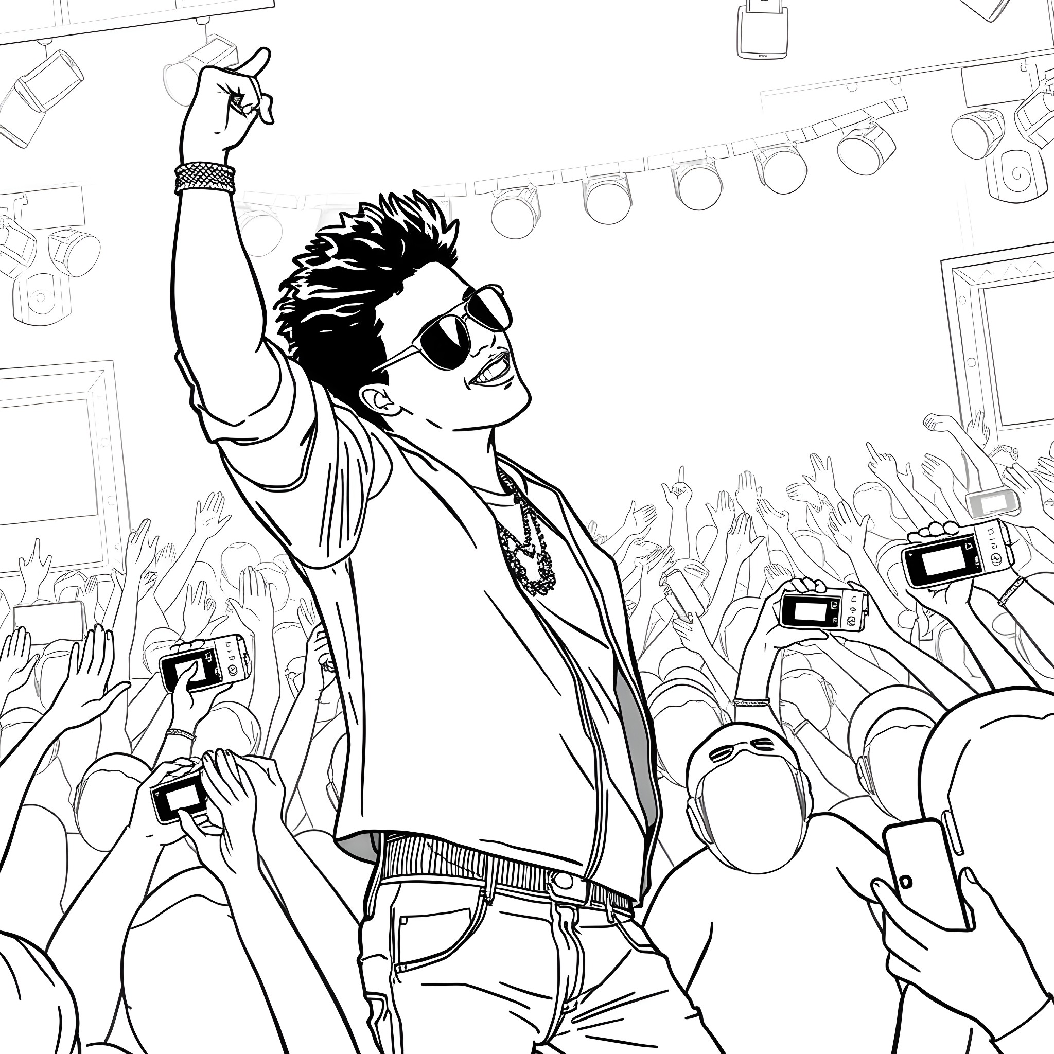 Bruno Mars rocking the stage with his electrifying performance Coloring Page (free black-and-white line drawing printable PDF for all, from beginners to advanced learners, including children, teens, adults, and seniors)