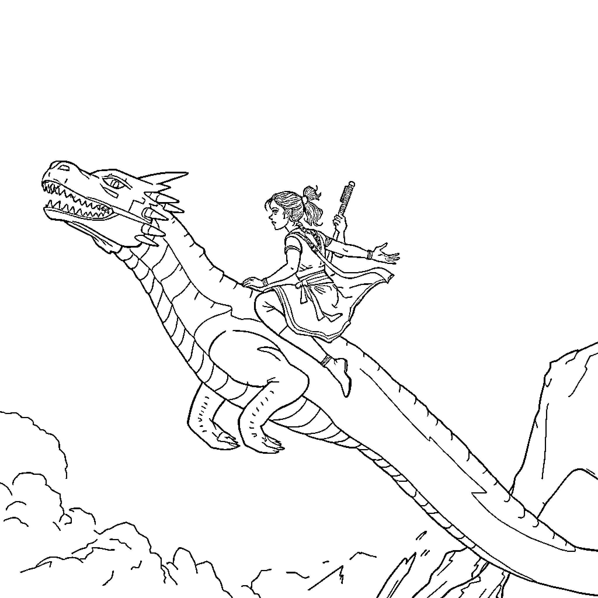Rey riding a fierce dragon through a rugged landscape Coloring Page (free black-and-white line drawing printable PDF for all, from beginners to advanced learners, including children, teens, adults, and seniors)