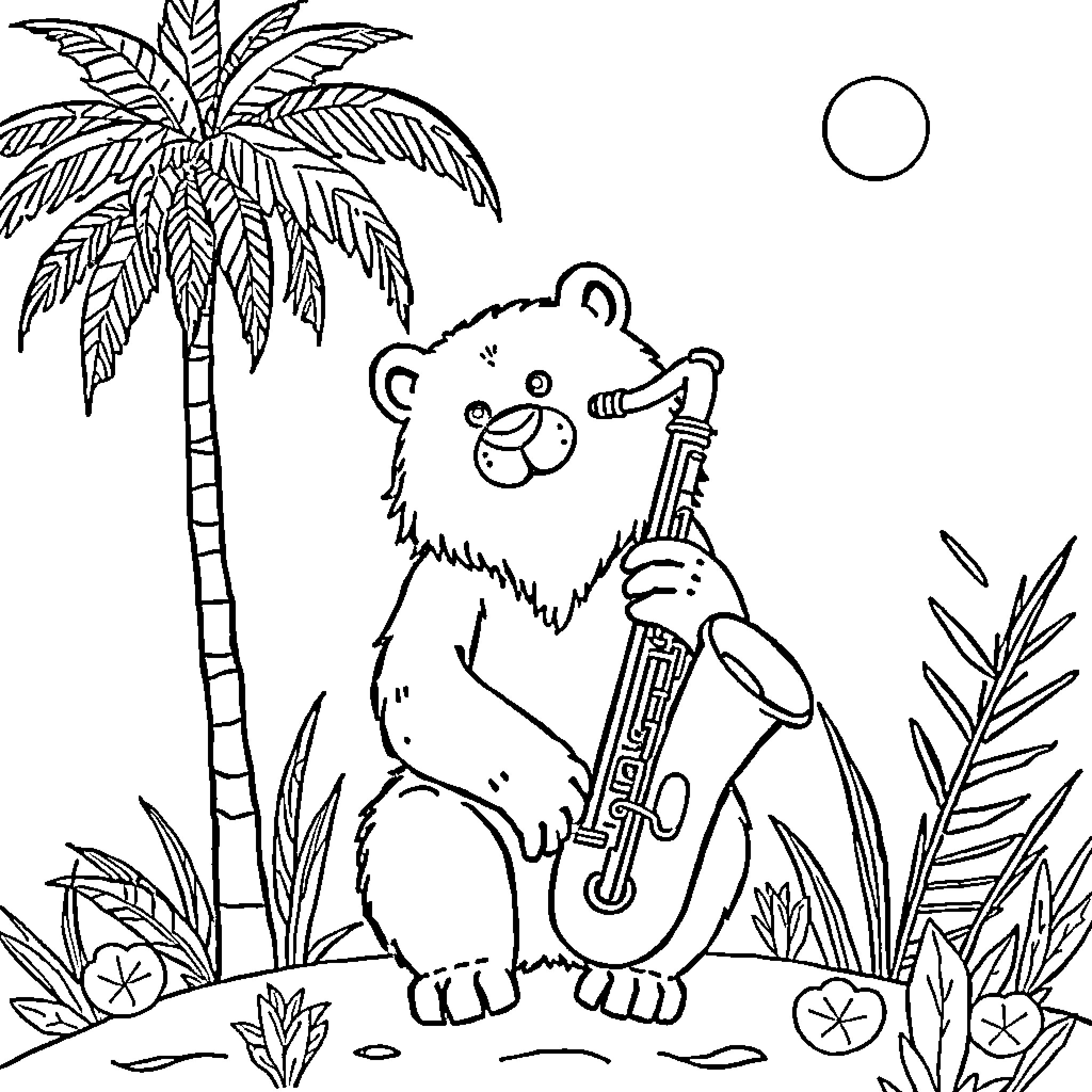 Oso bear playing music under a palm tree Coloring Page (free black-and-white line drawing printable PDF for all, from beginners to advanced learners, including children, teens, adults, and seniors)