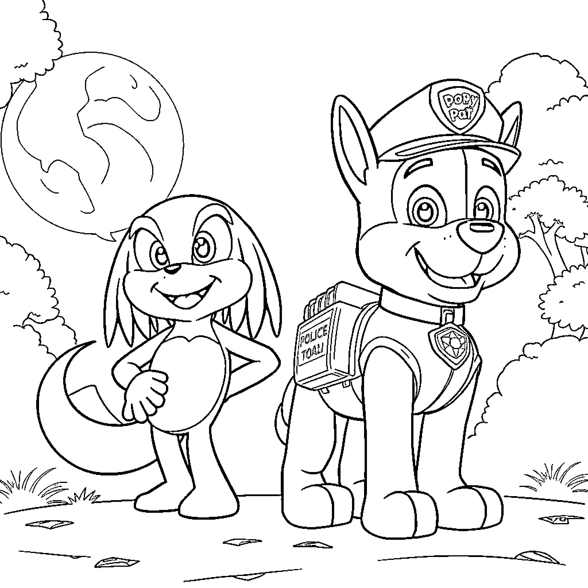 Knuckles the Rabbit Duo on Patrol Coloring Page (free black-and-white line drawing printable PDF for all, from beginners to advanced learners, including children, teens, adults, and seniors)
