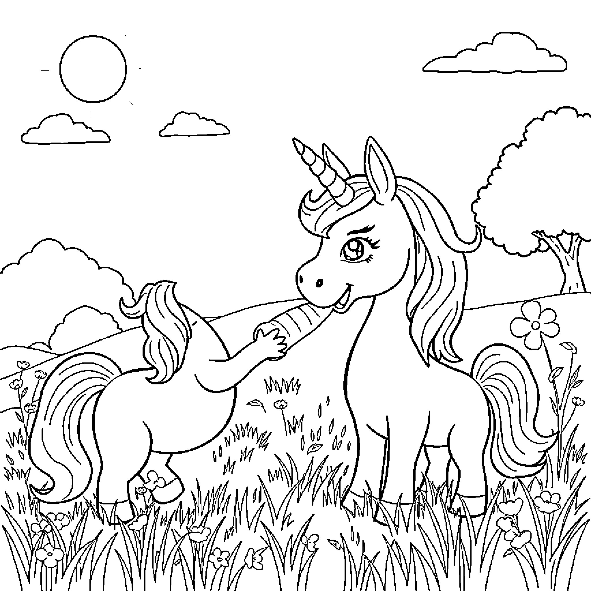 Unicorn exploring lush meadow with butterflies Coloring Page (free black-and-white line drawing printable PDF for all, from beginners to advanced learners, including children, teens, adults, and seniors)