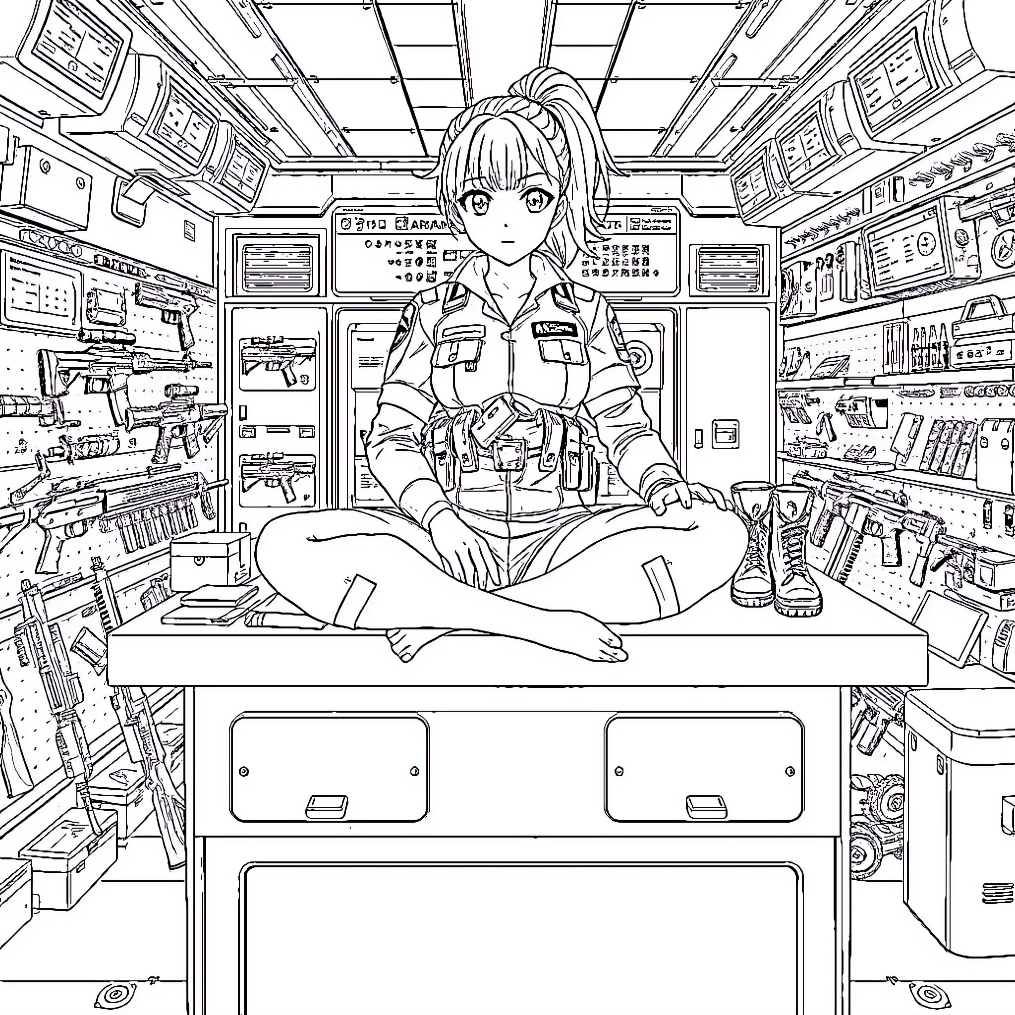 Military Officer in Stylized Armory Setting Coloring Page (free black-and-white line drawing printable PDF for all, from beginners to advanced learners, including children, teens, adults, and seniors)