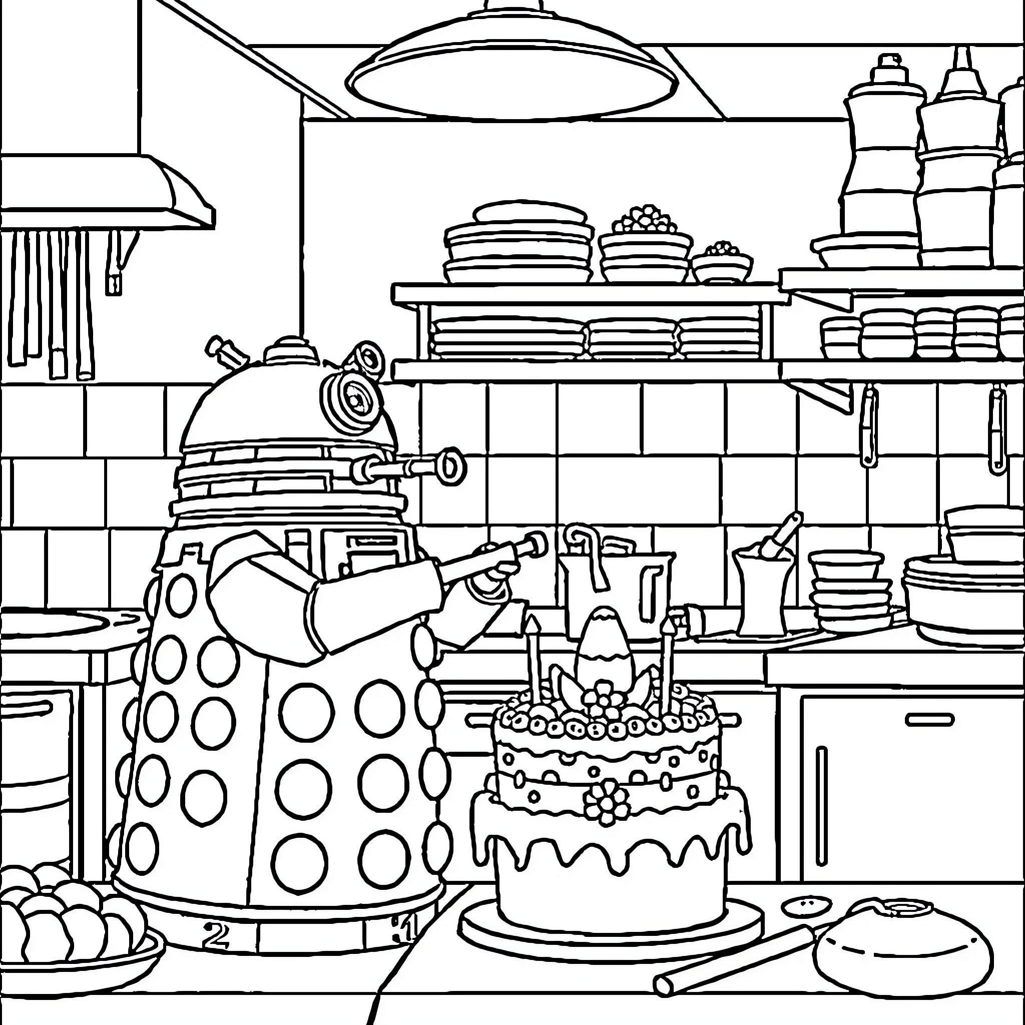 Dalek preparing a birthday cake in the kitchen Coloring Page (free black-and-white line drawing printable PDF for all, from beginners to advanced learners, including children, teens, adults, and seniors)