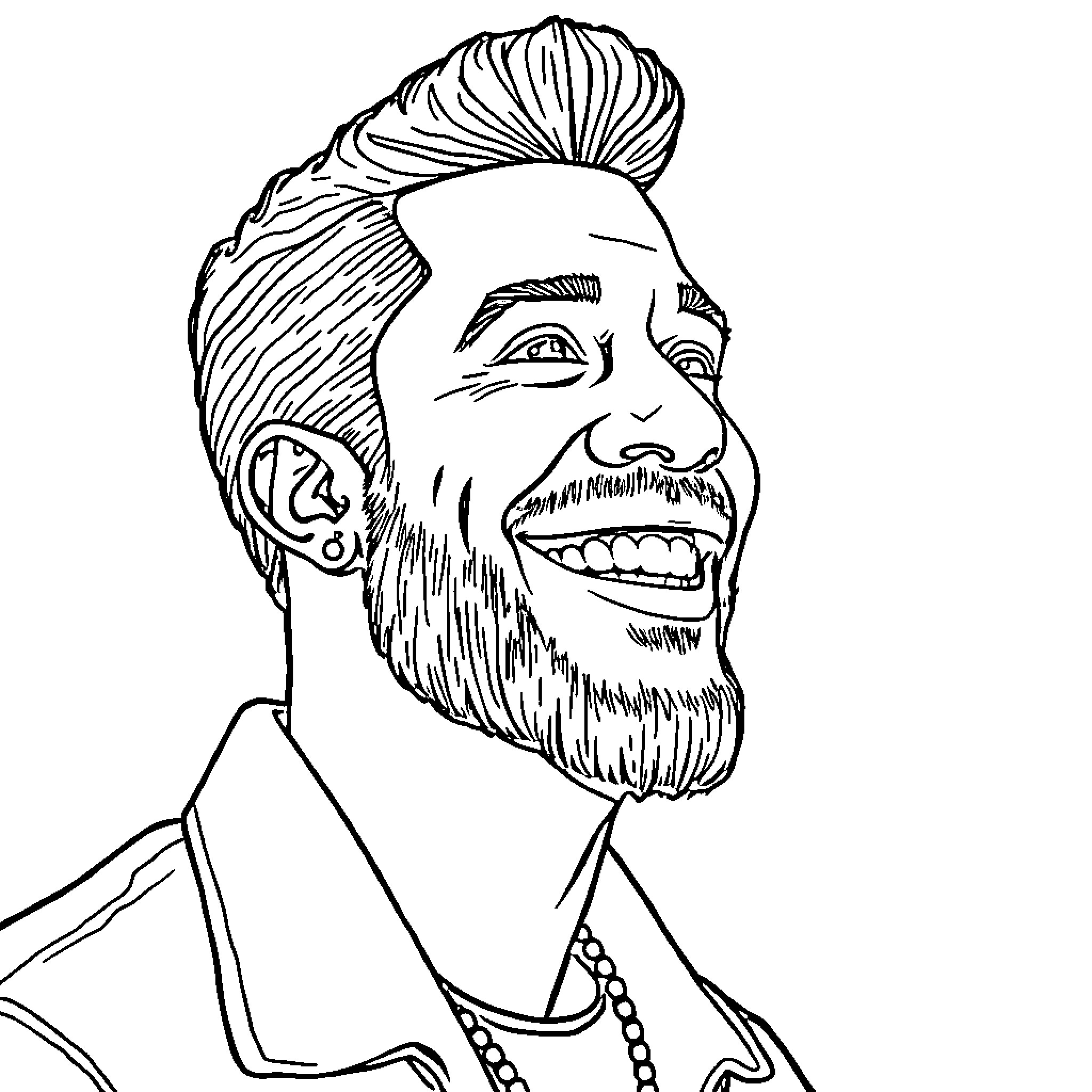 Doobie Edgewood's Smiling Portrait with Unique Hairstyle Coloring Page (free black-and-white line drawing printable PDF for all, from beginners to advanced learners, including children, teens, adults, and seniors)