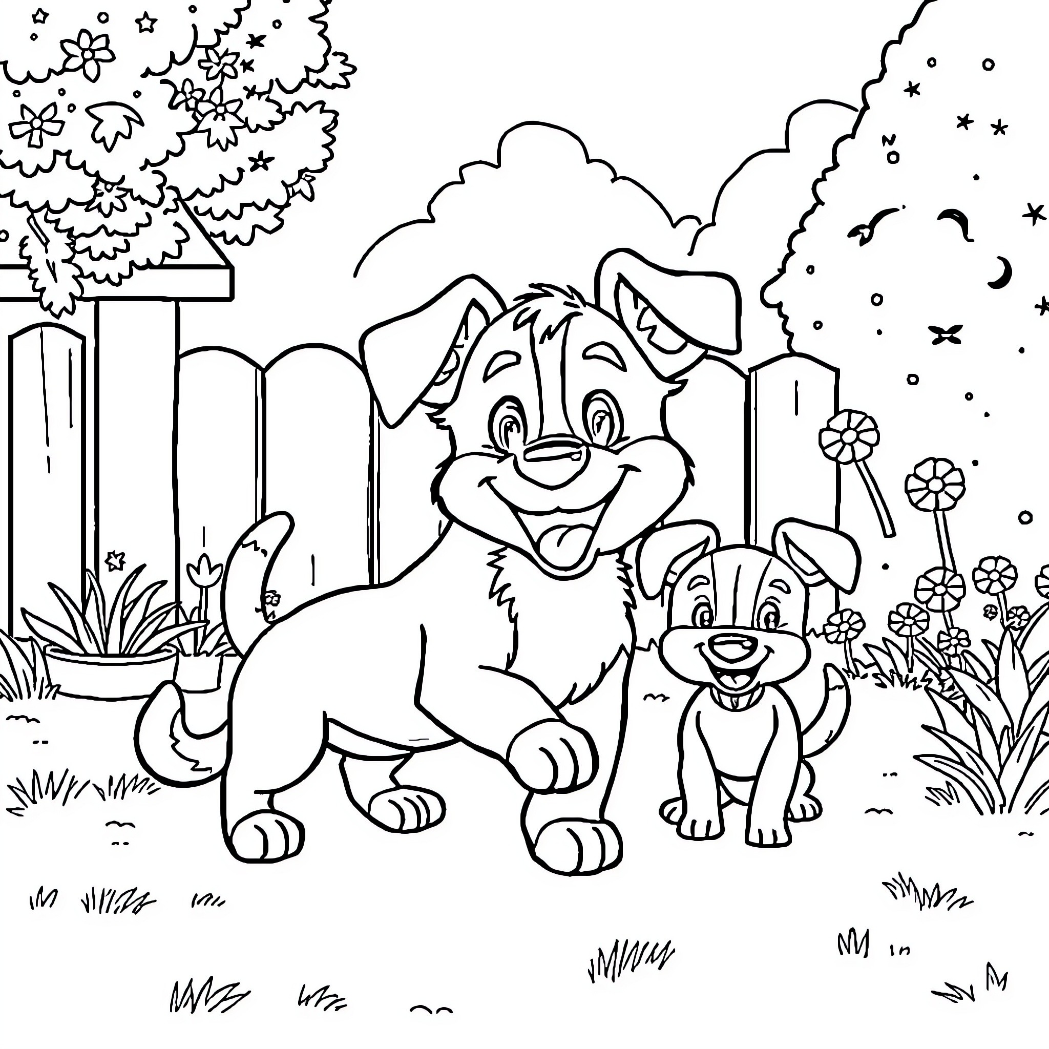 Bluey and Bingo's Playful Outdoor Adventure Coloring Page (free black-and-white line drawing printable PDF for all, from beginners to advanced learners, including children, teens, adults, and seniors)