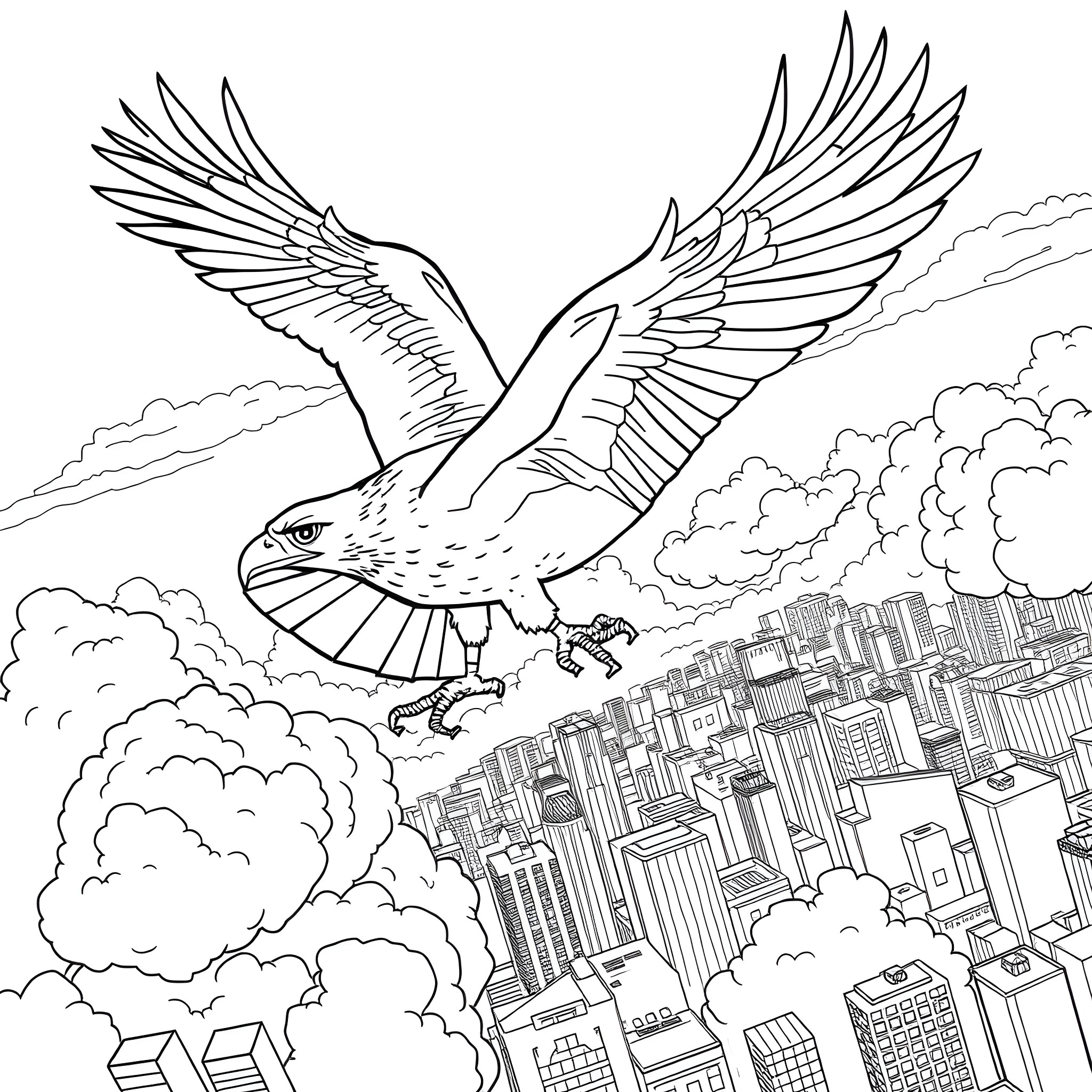 Hawks soaring over the city skyline Coloring Page (free black-and-white line drawing printable PDF for all, from beginners to advanced learners, including children, teens, adults, and seniors)