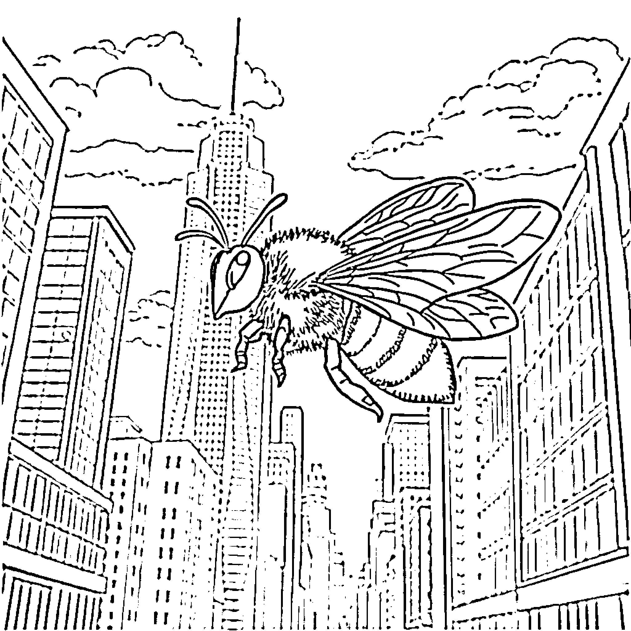 Bee soaring over the city skyline Coloring Page (free black-and-white line drawing printable PDF for all, from beginners to advanced learners, including children, teens, adults, and seniors)