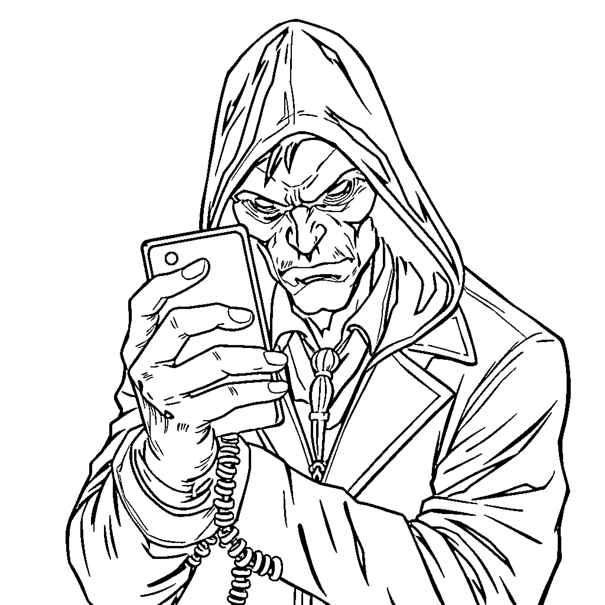Phone Held by Hooded Figure with Intense Expression Coloring Page (free black-and-white line drawing printable PDF for all, from beginners to advanced learners, including children, teens, adults, and seniors)