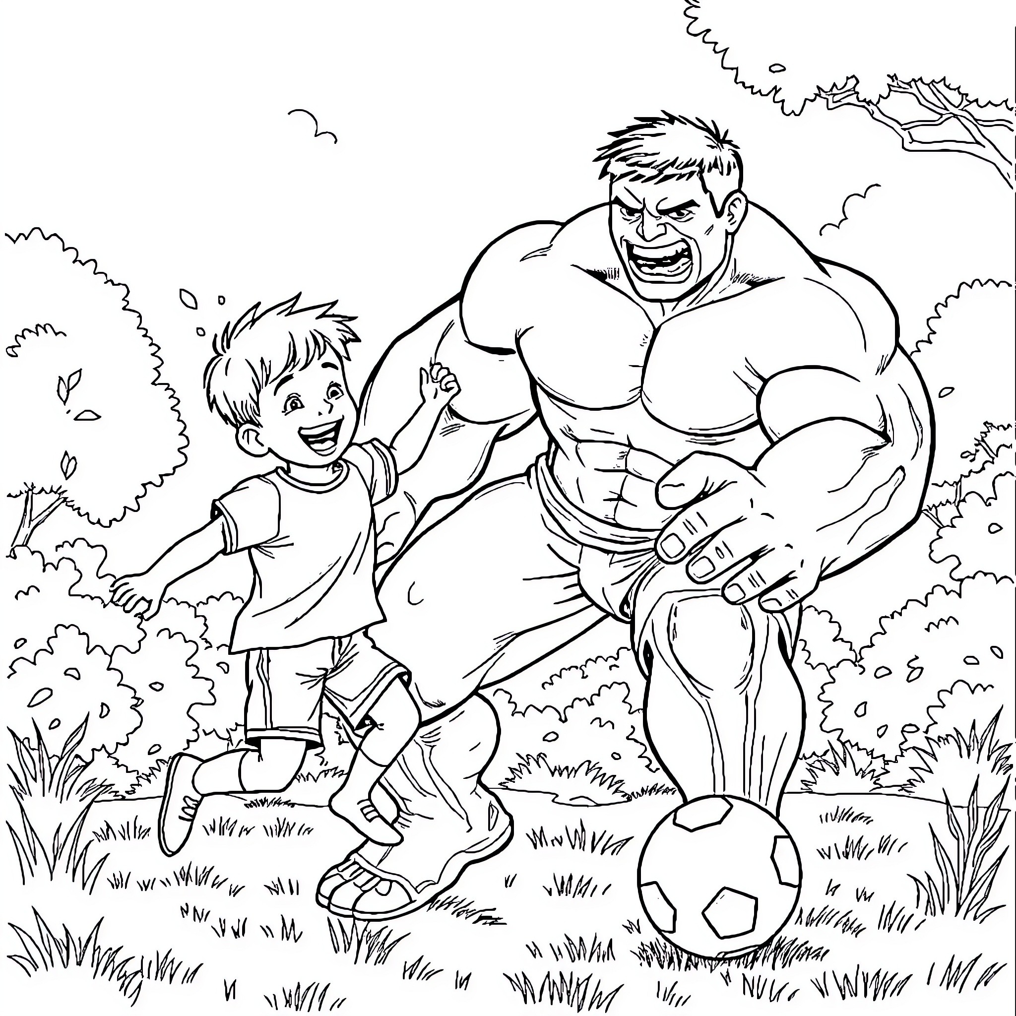 Hulk enjoying a playful game with a child in nature Coloring Page (free black-and-white line drawing printable PDF for all, from beginners to advanced learners, including children, teens, adults, and seniors)