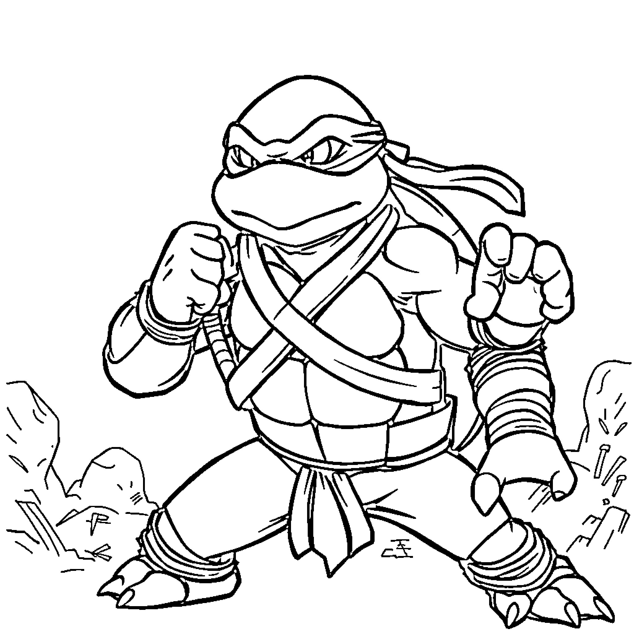 Ninja Turtle Warrior Attacking in Battle Stance Coloring Page (free black-and-white line drawing printable PDF for all, from beginners to advanced learners, including children, teens, adults, and seniors)