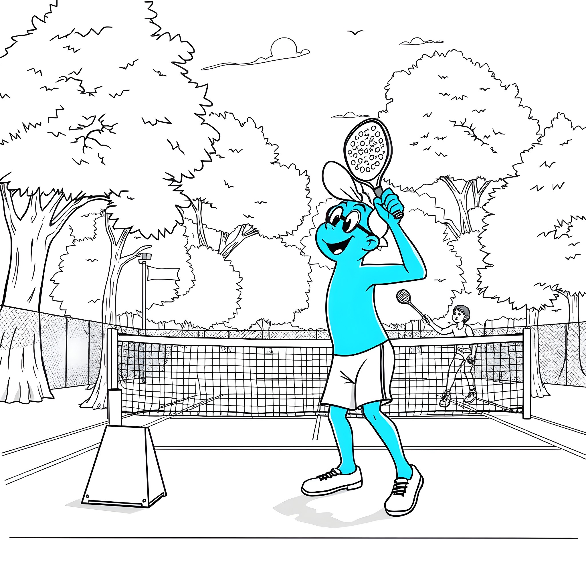 Bluey playing tennis in the park Coloring Page (free black-and-white line drawing printable PDF for all, from beginners to advanced learners, including children, teens, adults, and seniors)