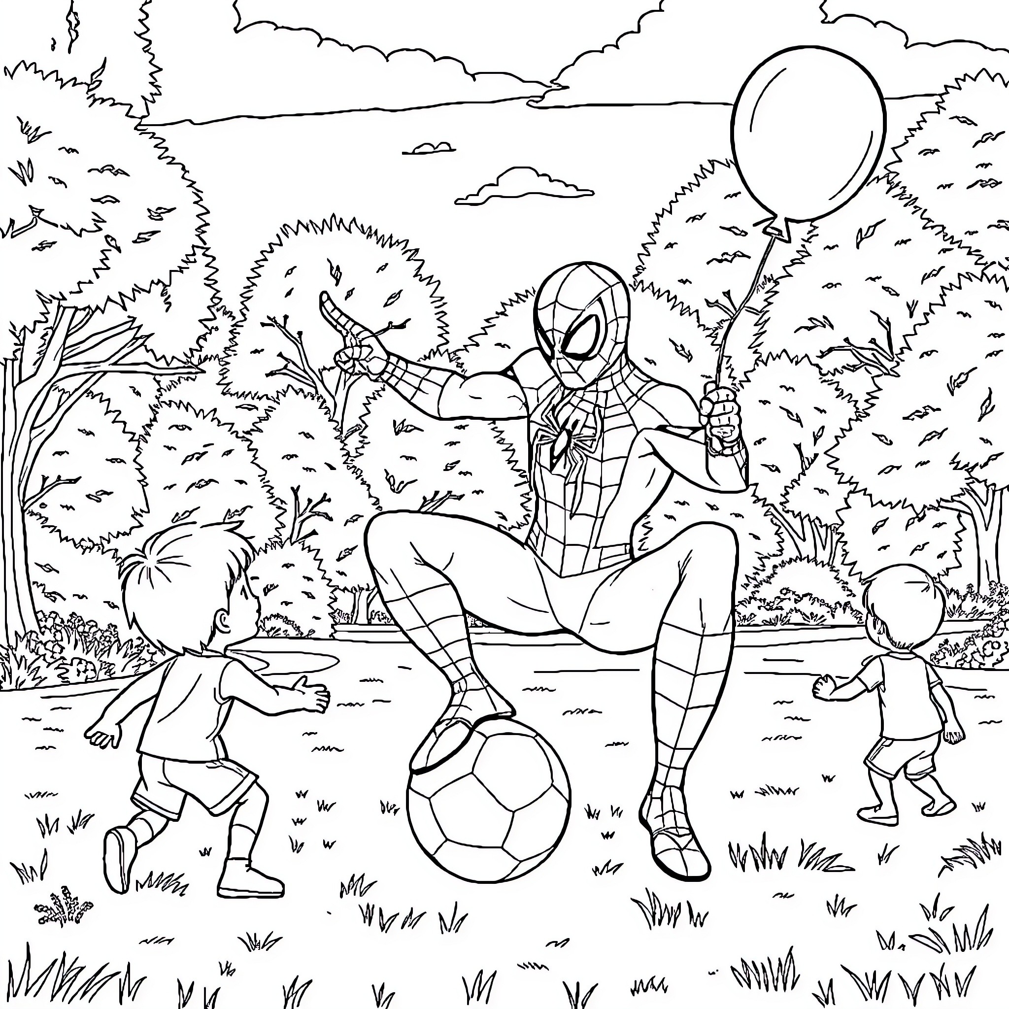 Spiderman playing soccer with children in the park Coloring Page (free black-and-white line drawing printable PDF for all, from beginners to advanced learners, including children, teens, adults, and seniors)