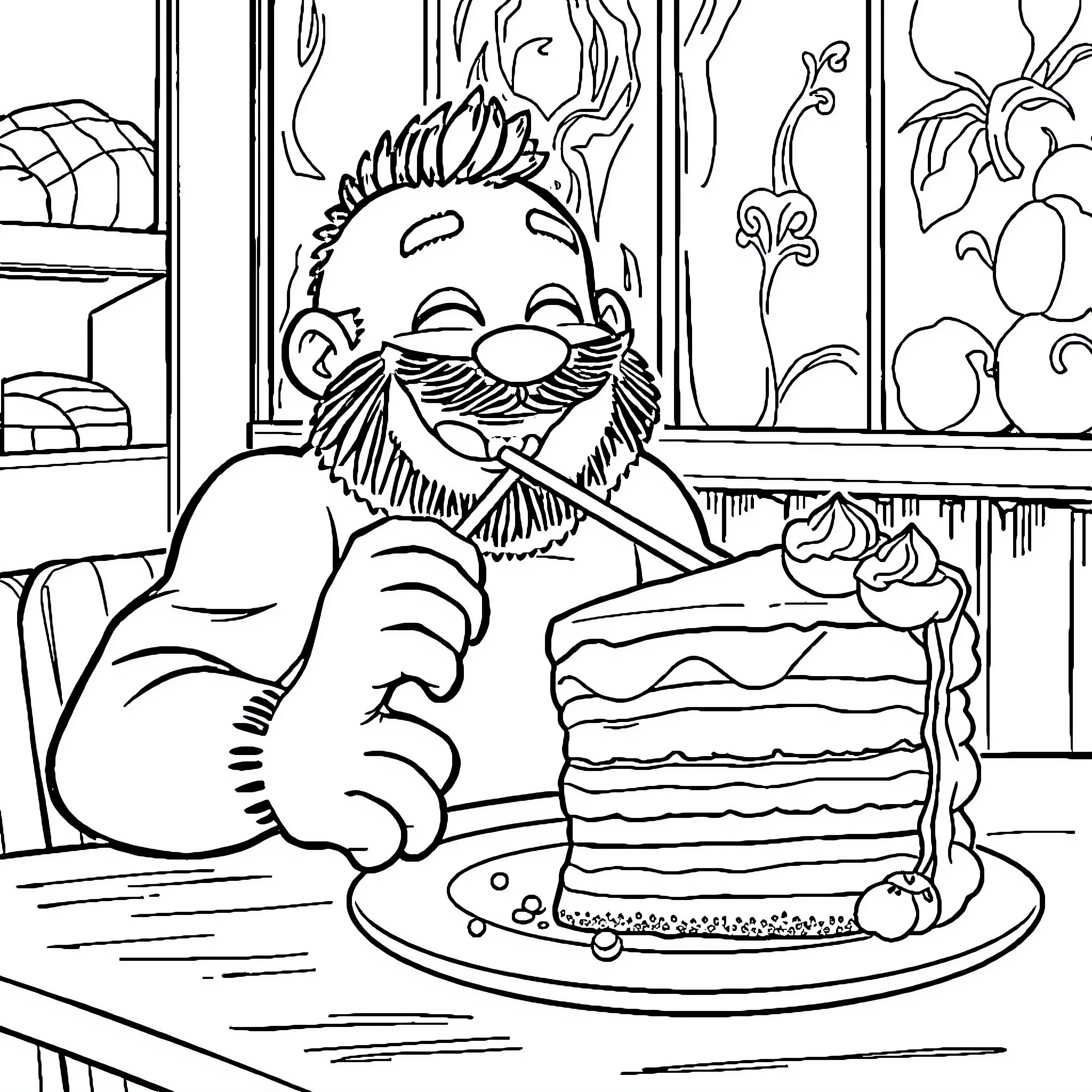 Tsukishima enjoying a delicious cake in the cafe Coloring Page (free black-and-white line drawing printable PDF for all, from beginners to advanced learners, including children, teens, adults, and seniors)