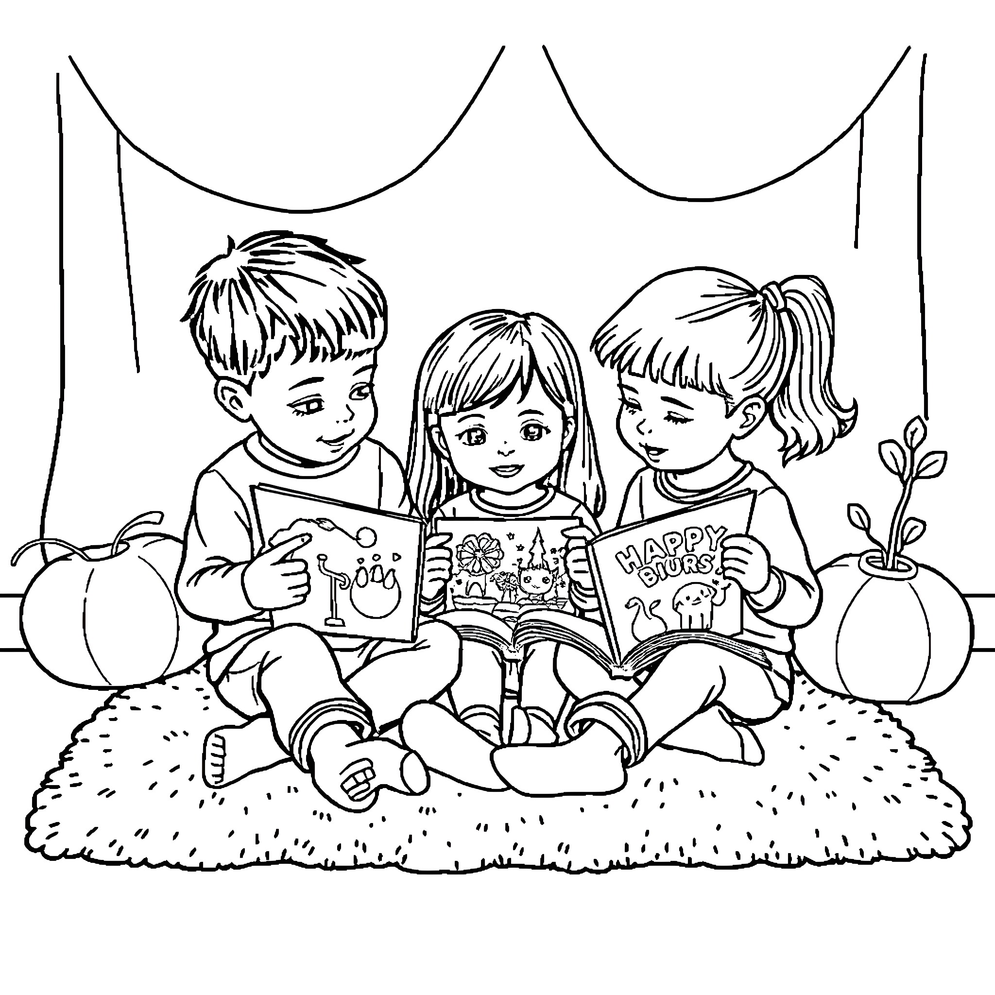 Kids reading a book together happily Coloring Page (free black-and-white line drawing printable PDF for all, from beginners to advanced learners, including children, teens, adults, and seniors)