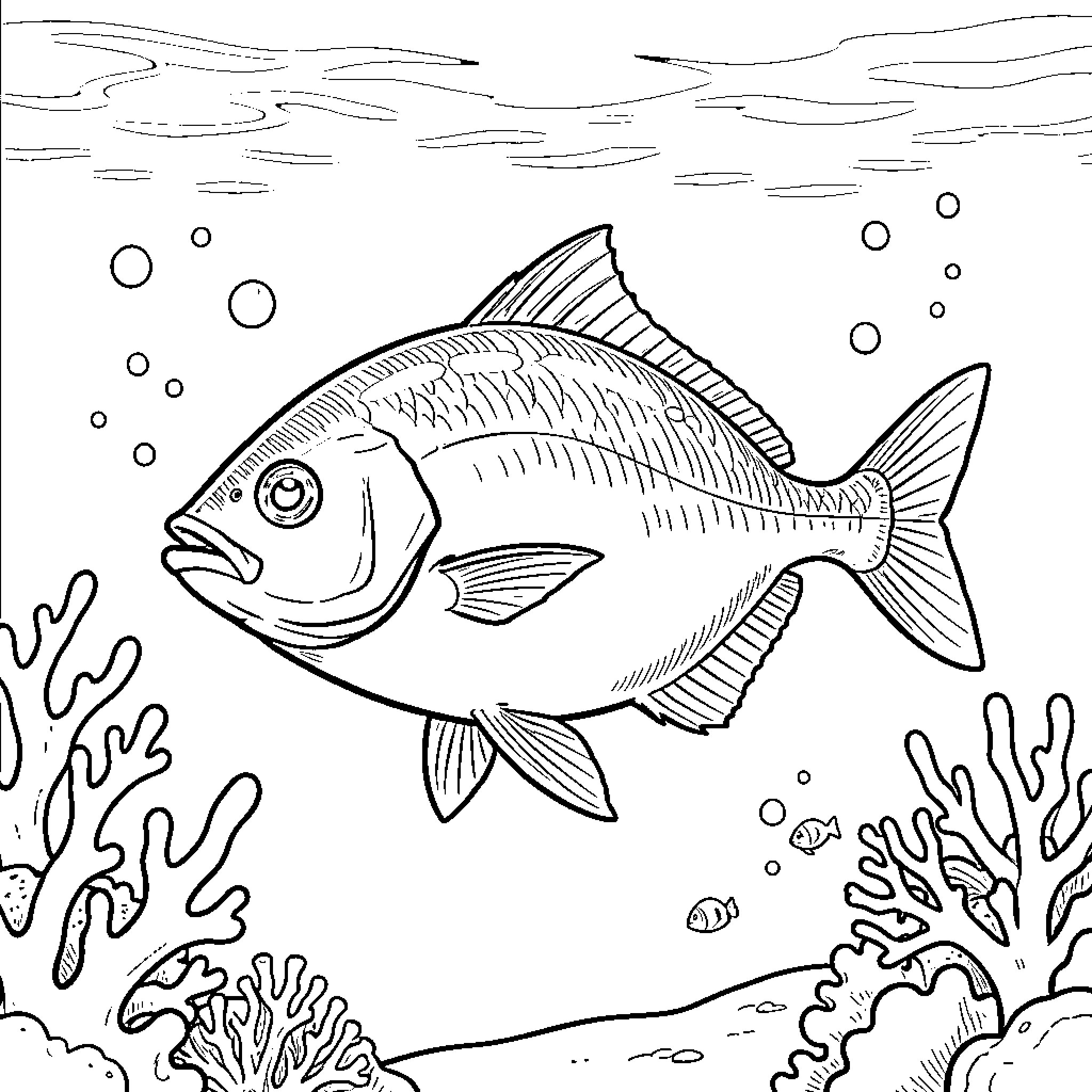 Pomphret fish swimming amid coral reef Coloring Page (free black-and-white line drawing printable PDF for all, from beginners to advanced learners, including children, teens, adults, and seniors)