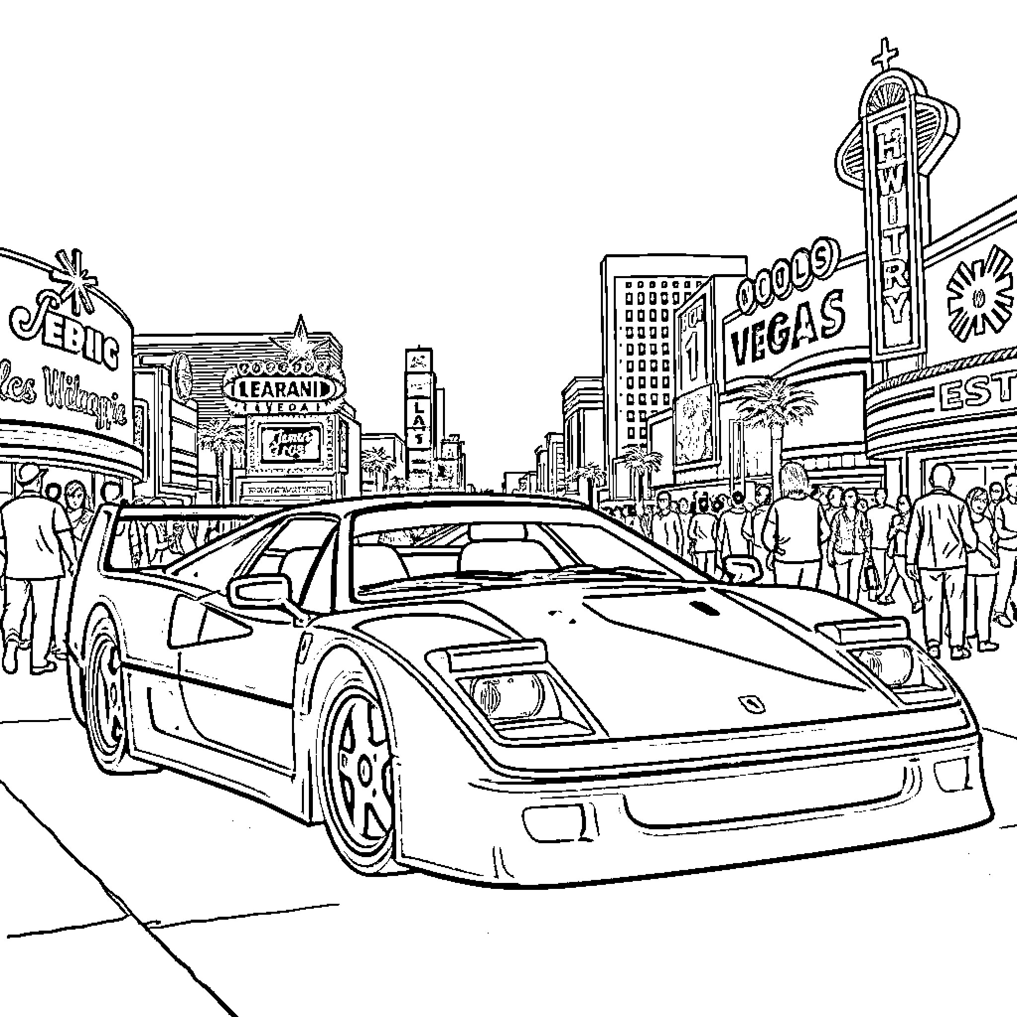 Ferrari Supercar Cruising Through Vibrant Vegas Cityscape Coloring Page (free black-and-white line drawing printable PDF for all, from beginners to advanced learners, including children, teens, adults, and seniors)
