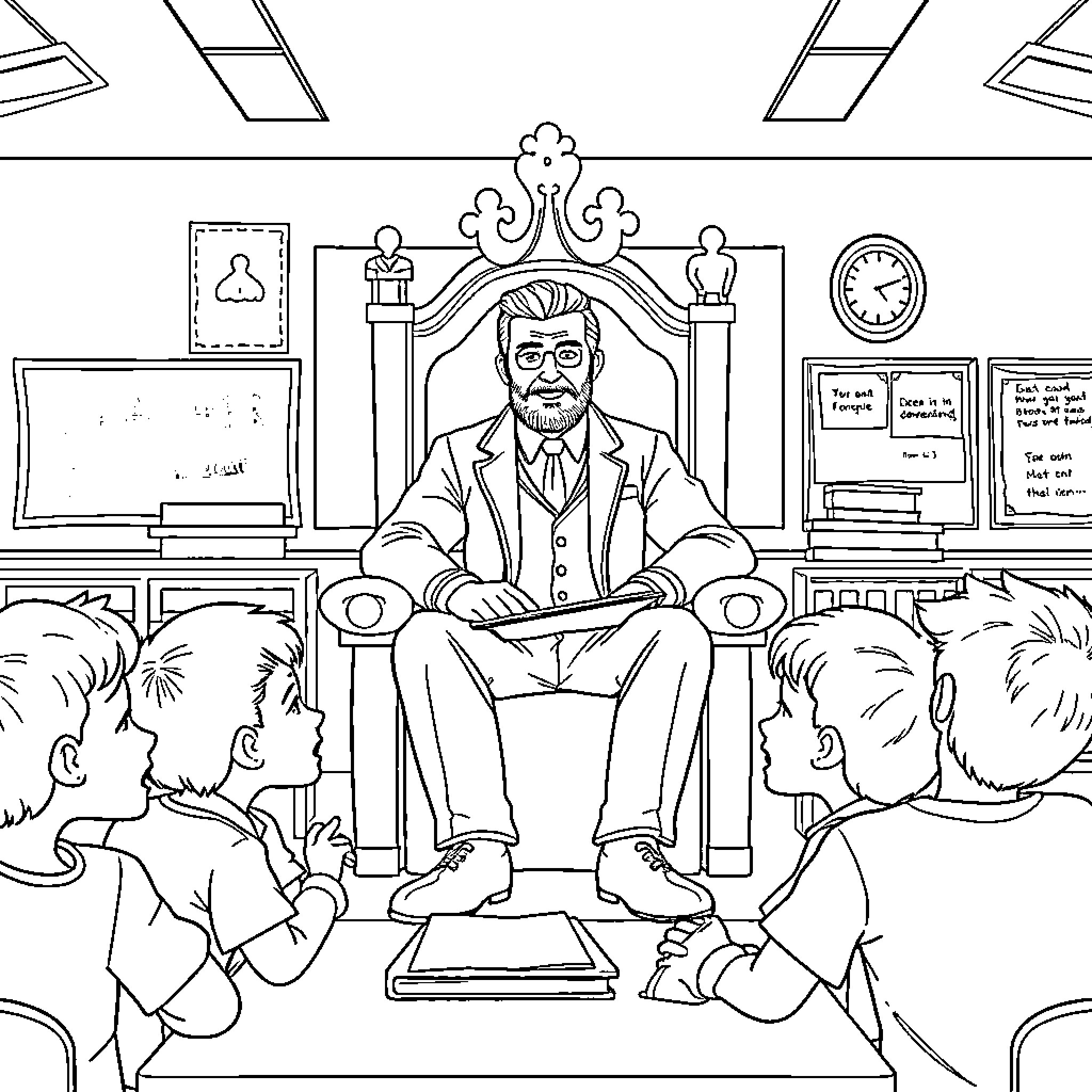 Teacher interacting with students in the classroom Coloring Page (free black-and-white line drawing printable PDF for all, from beginners to advanced learners, including children, teens, adults, and seniors)