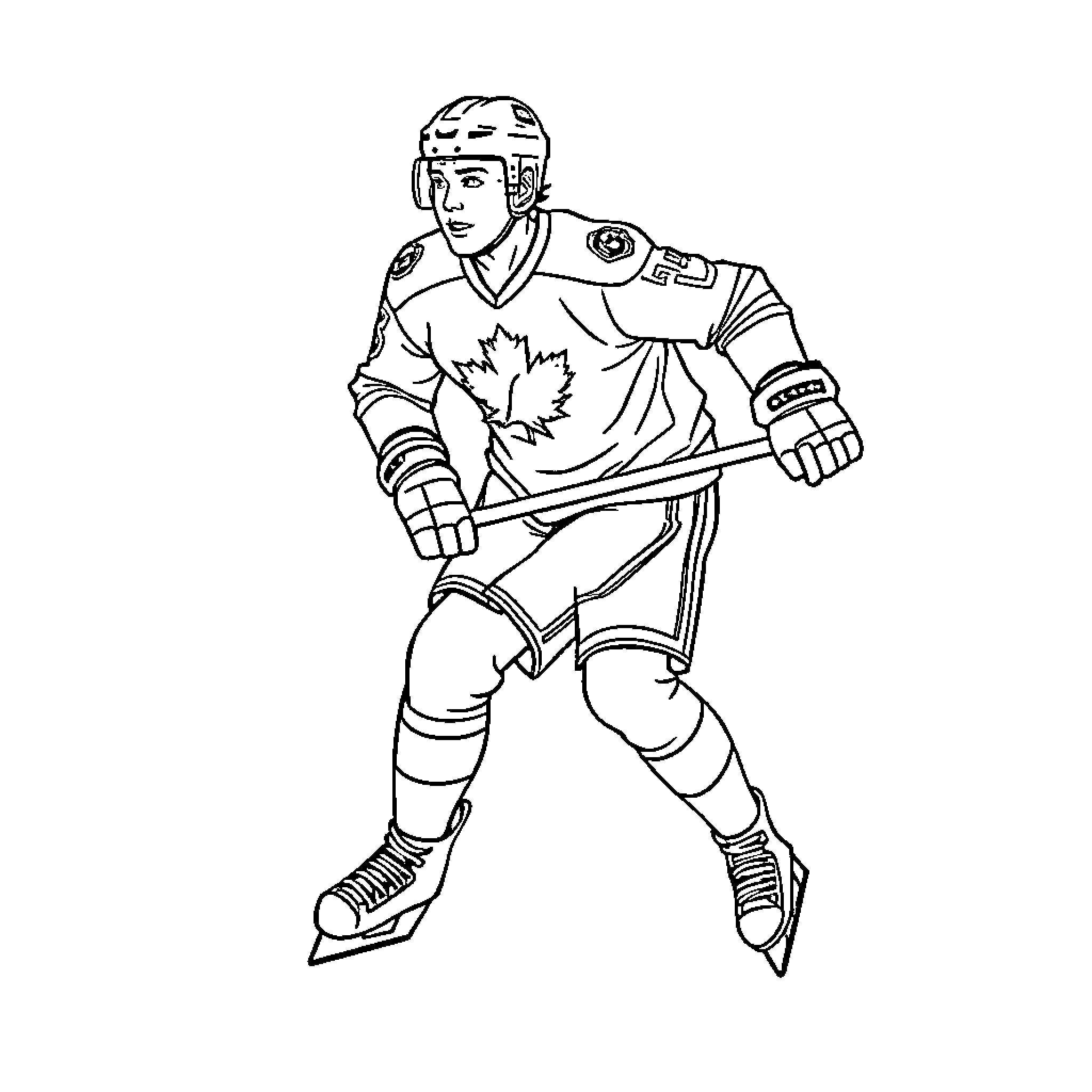 Hockey Player in Action on the Ice Coloring Page (free black-and-white line drawing printable PDF for all, from beginners to advanced learners, including children, teens, adults, and seniors)