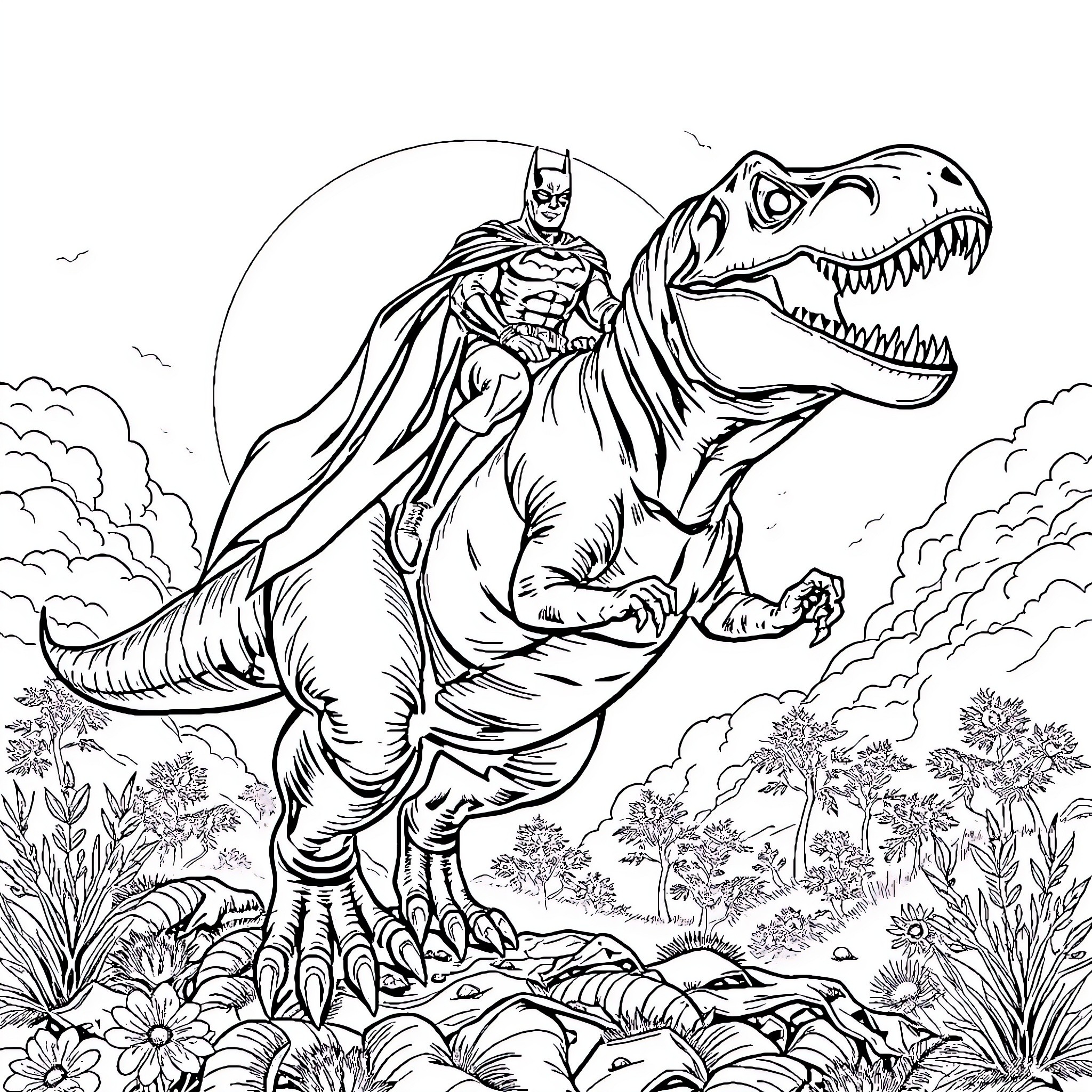Batman Riding a Fierce Dinosaur in the Wilderness Coloring Page (free black-and-white line drawing printable PDF for all, from beginners to advanced learners, including children, teens, adults, and seniors)