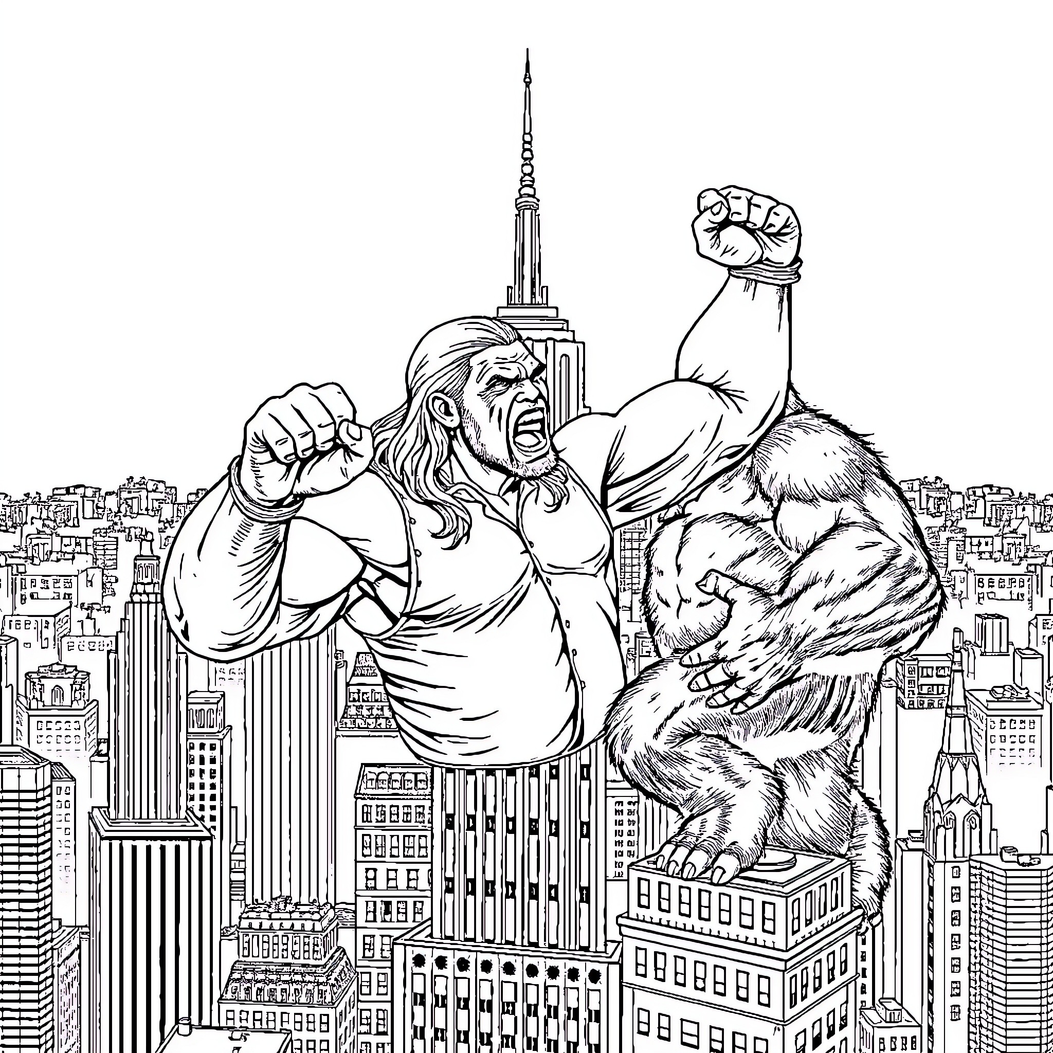 Hulk Hogan fights heroically against a giant city skyline Coloring Page (free black-and-white line drawing printable PDF for all, from beginners to advanced learners, including children, teens, adults, and seniors)