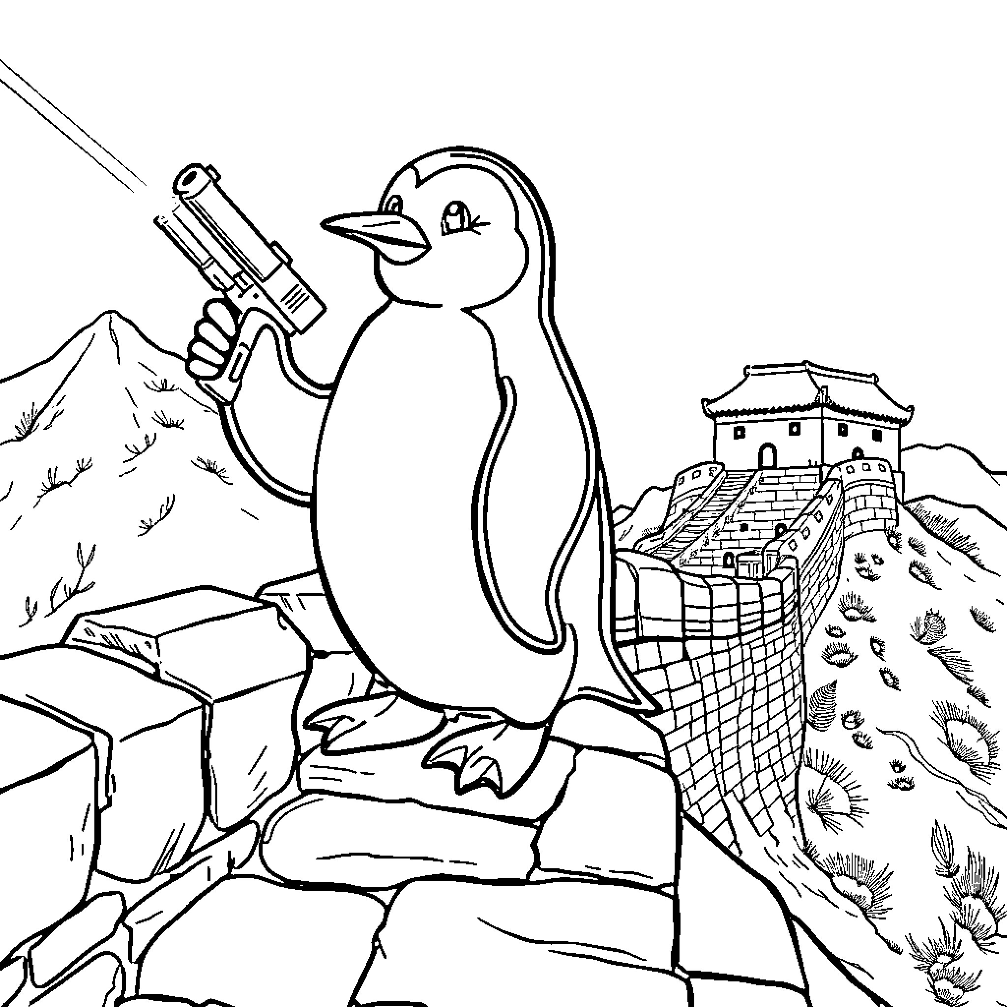 Penguin with a Firearm in Snowy Landscape Coloring Page (free black-and-white line drawing printable PDF for all, from beginners to advanced learners, including children, teens, adults, and seniors)