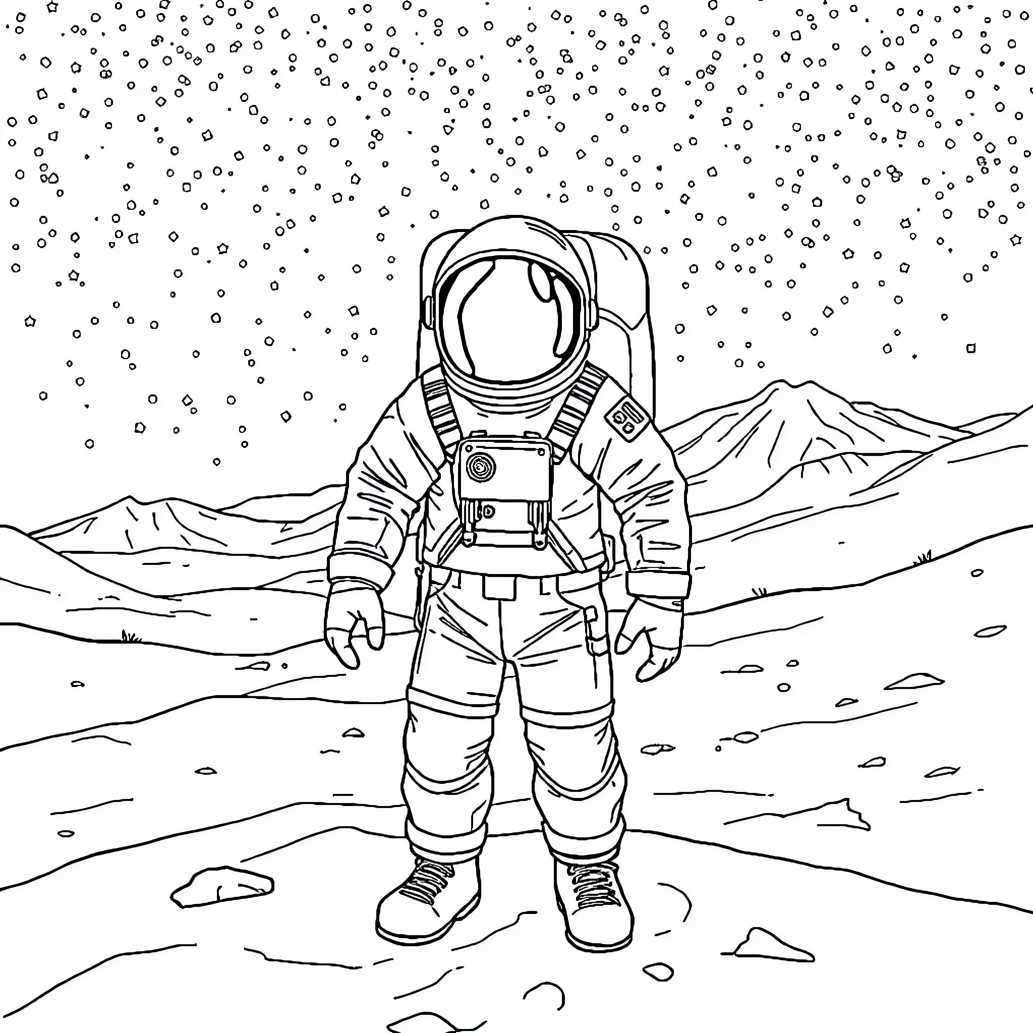 Astronauta exploring the lunar landscape Coloring Page (free black-and-white line drawing printable PDF for all, from beginners to advanced learners, including children, teens, adults, and seniors)