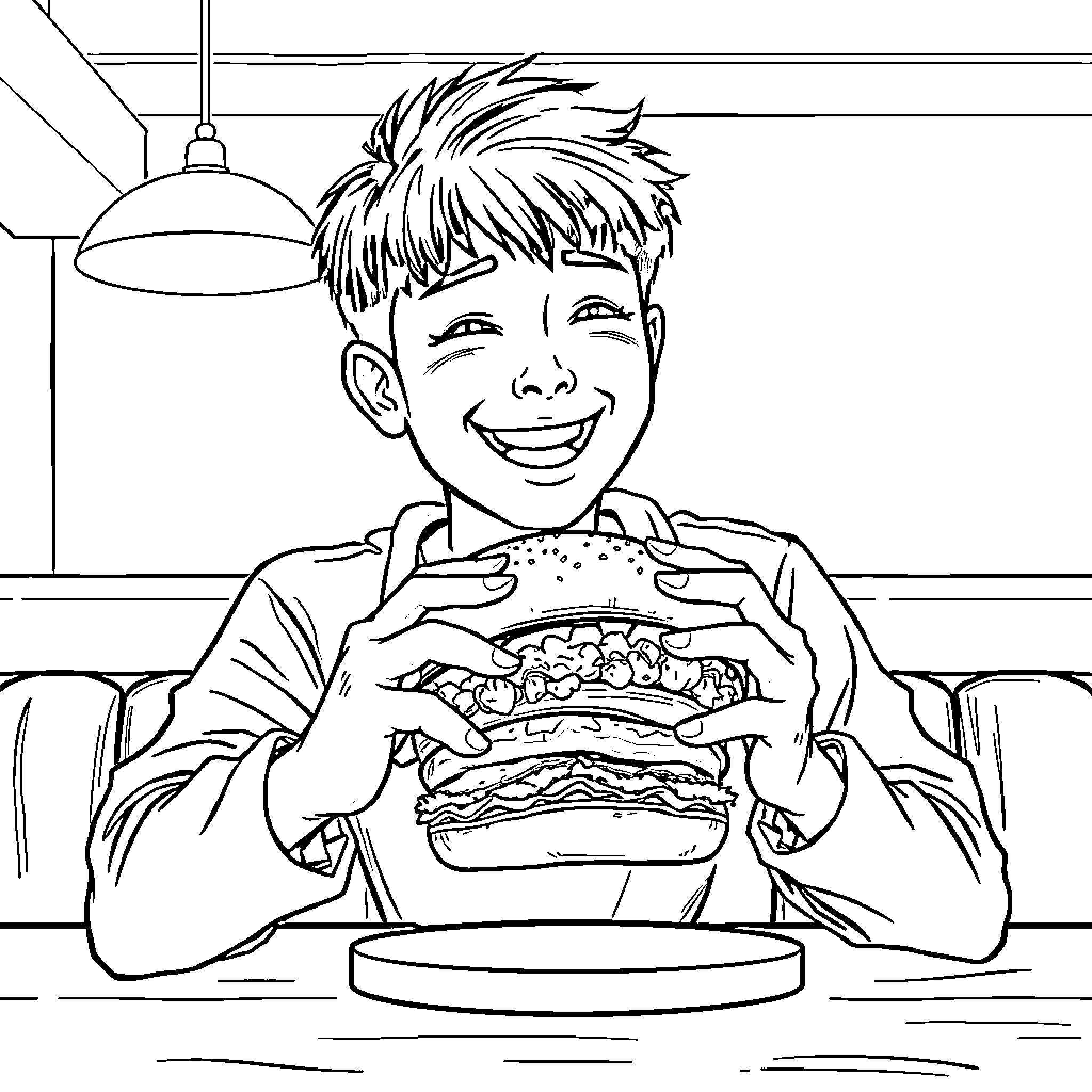 Teenager enjoying a delicious burger in a restaurant Coloring Page (free black-and-white line drawing printable PDF for all, from beginners to advanced learners, including children, teens, adults, and seniors)